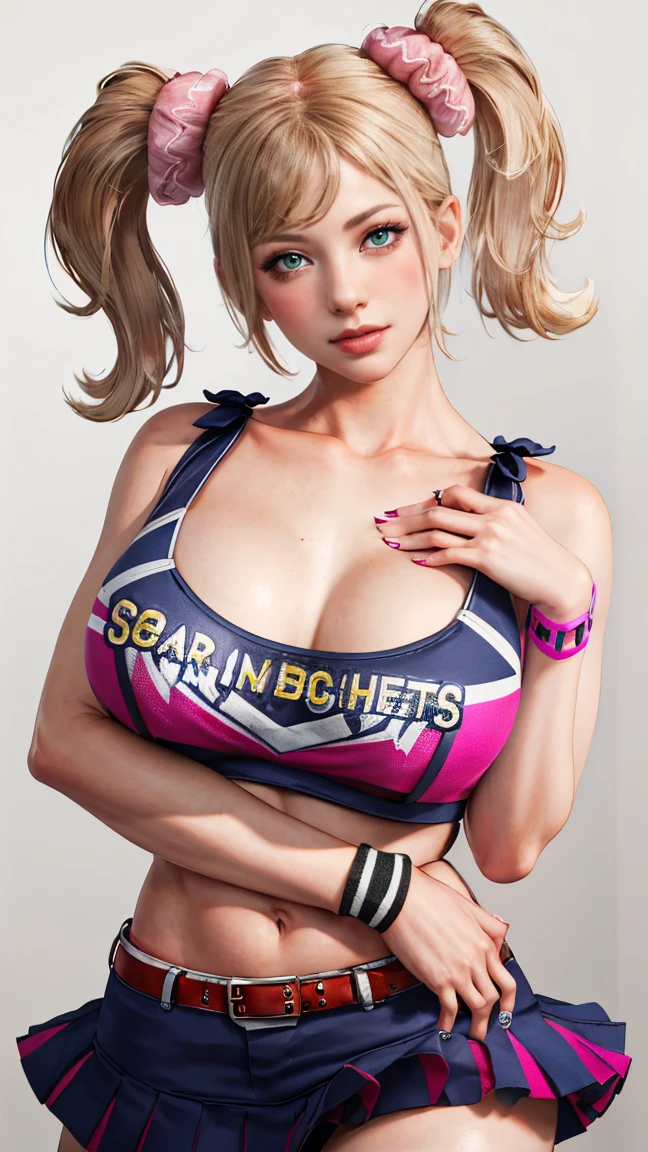 masterpiece, absurdres, juliet starling, twintails, cheerleader, crop top, clothes writing, skirt, thighhighs, belt, wristband, midriff, 1girl, solo, mature female, perfect composition, detailed lips, huge breast, beautiful face, body proportion, blush, (pink lips), soft gaze, super realistic, detailed, photoshoot, realistic face and body, thighhighs, provocative pose 