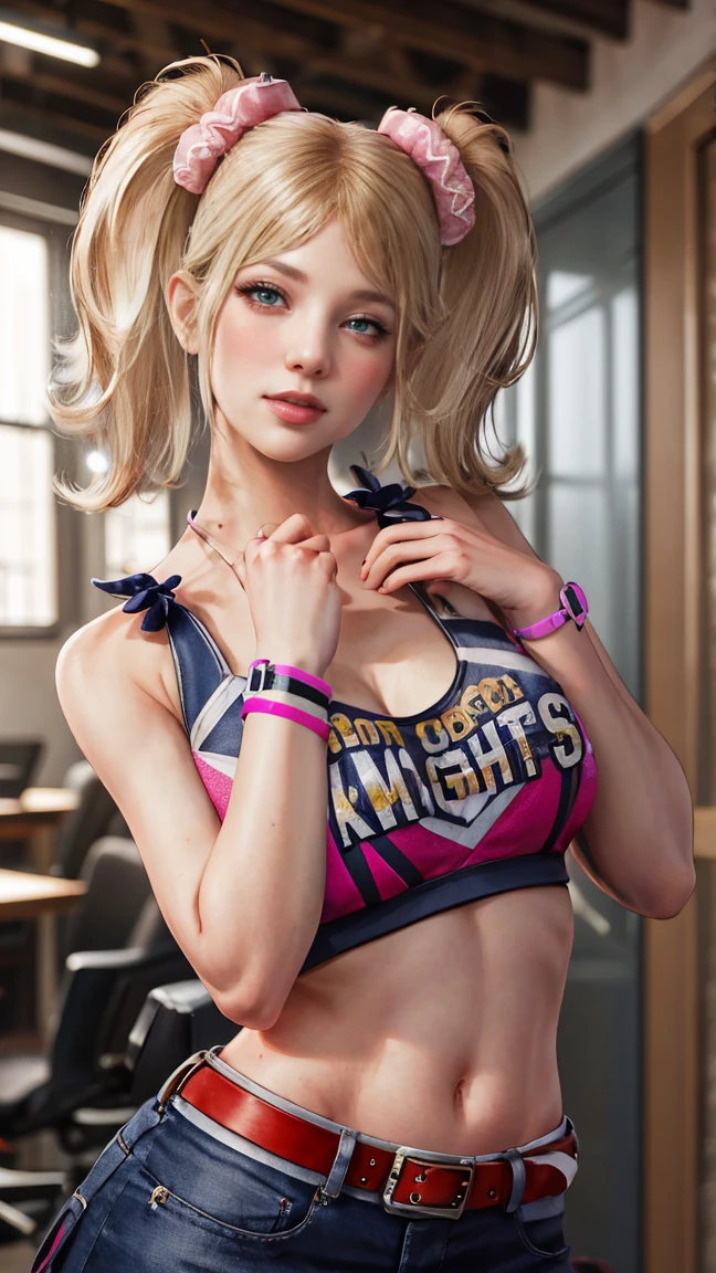 masterpiece, absurdres, juliet starling, twintails, cheerleader, crop top, clothes writing, skirt, thighhighs, belt, wristband, midriff, 1girl, solo, mature female, perfect composition, detailed lips, huge breast, beautiful face, body proportion, blush, (pink lips), soft gaze, super realistic, detailed, photoshoot, realistic face and body, thighhighs, provocative pose 