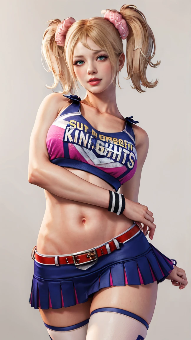 masterpiece, absurdres, juliet starling, twintails, cheerleader, crop top, clothes writing, skirt, thighhighs, belt, wristband, midriff, 1girl, solo, mature female, perfect composition, detailed lips, huge breast, beautiful face, body proportion, blush, (pink lips), soft gaze, super realistic, detailed, photoshoot, realistic face and body, thighhighs, provocative pose 