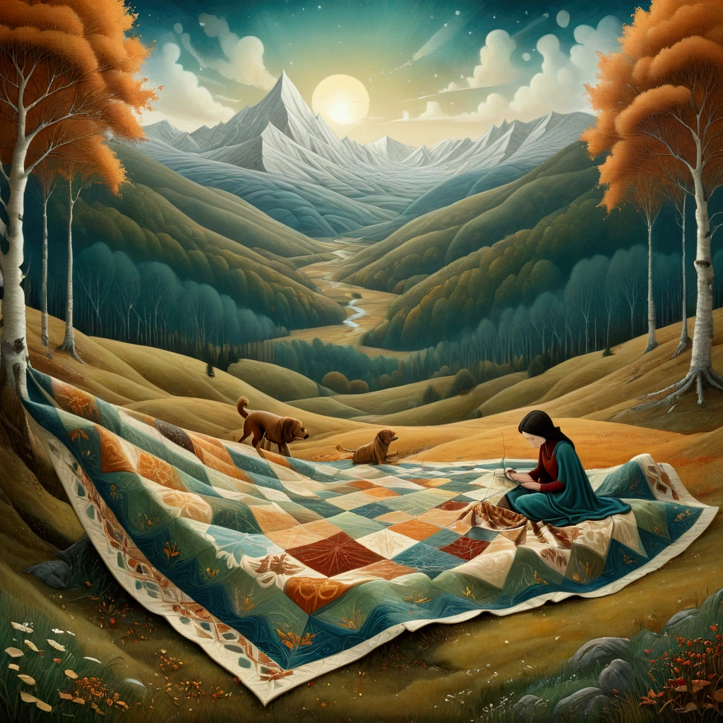 digital painting elegant intricate very attractive beautiful acrylic art ink and pen  in the style of Amanda Clark, Jacek Yerka, Benjamin Lacombe and Amanda Sage. Landscape, a wide shot of a woman, is sewing a wide patchwork blanket, with irregular triangular wefts with warm colors, brown ochre, red, sitting with her labrador dog, brown, in a clearing of a birch and chestnut forest in autumn. In the background large valleys with high snowy mountains, white, blue, green textures, . Solar disk, with irregular rectangular plots. Long field
