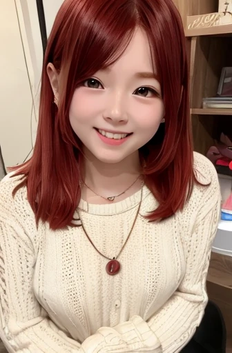  semi-long 、Redhead、Droopy eyes、kind、Baby Face、cute、Beauty、 girl、 slender、Tall、Shy laugh、 knit sweater 、 necklace 