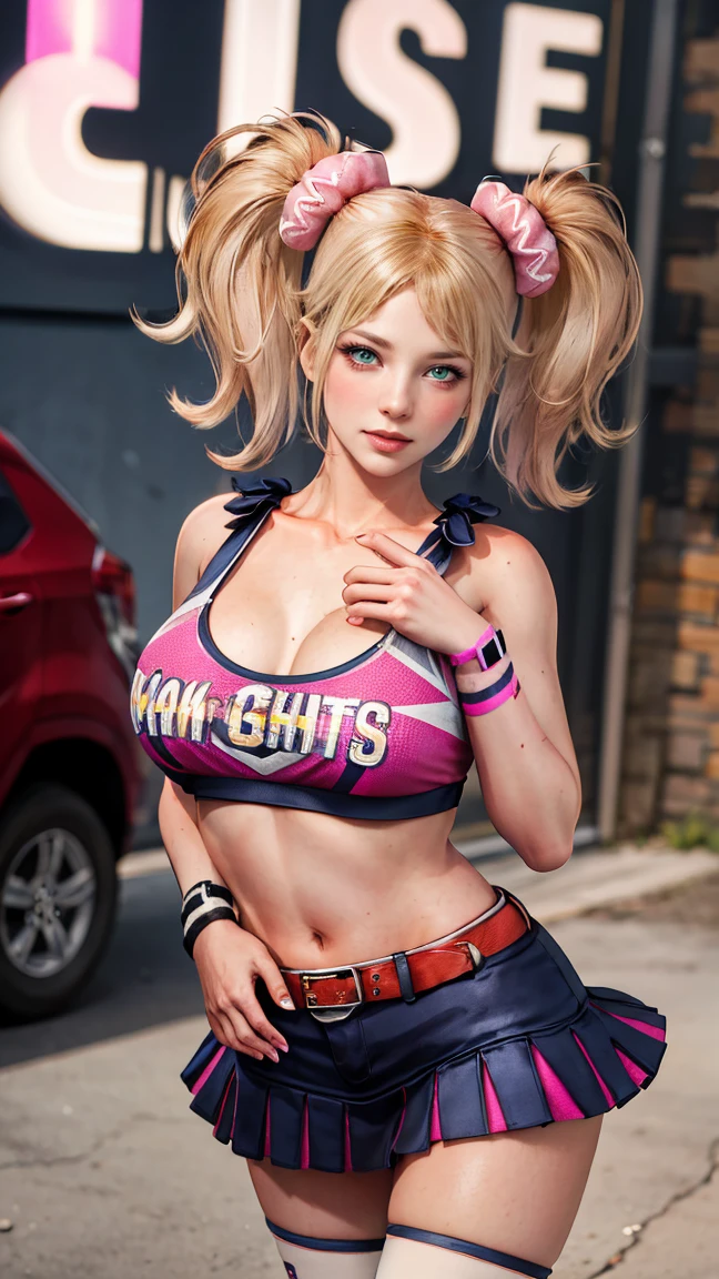 masterpiece, absurdres, juliet starling, twintails, cheerleader, crop top, clothes writing, skirt, thighhighs, belt, wristband, midriff, 1girl, solo, mature female, perfect composition, detailed lips, huge breast, beautiful face, body proportion, blush, (pink lips), soft gaze, super realistic, detailed, photoshoot, realistic face and body, thighhighs, provocative pose 