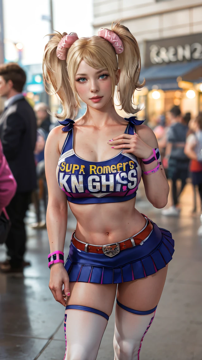 masterpiece, absurdres, juliet starling, twintails, cheerleader, crop top, clothes writing, skirt, thighhighs, belt, wristband, midriff, 1girl, solo, mature female, perfect composition, detailed lips, huge breast, beautiful face, body proportion, blush, (pink lips), soft gaze, super realistic, detailed, photoshoot, realistic face and body, thighhighs, provocative pose 