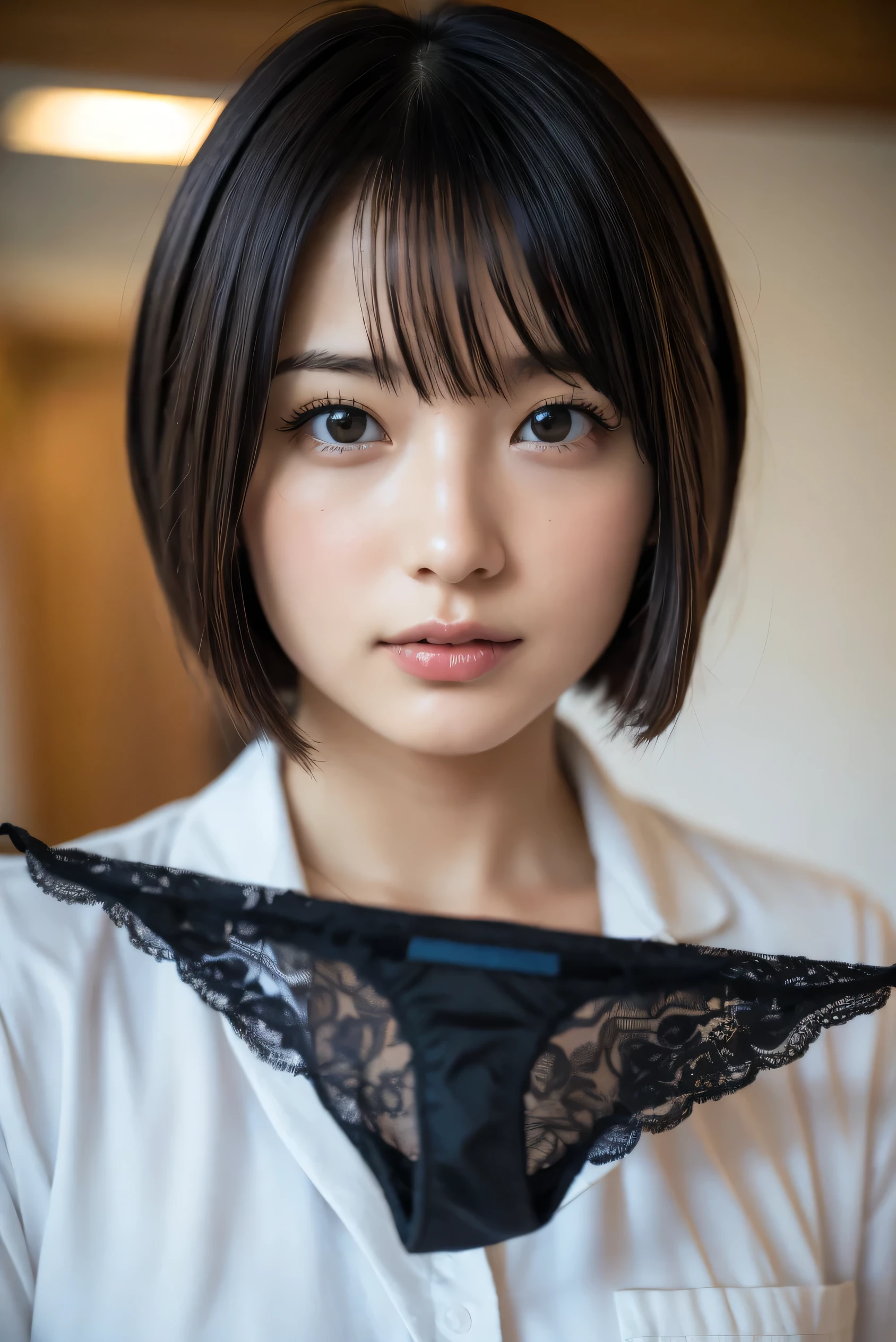 (8k, RAW photo,Best Quality, high res:1.1), (超Realisticな:1.4),(Realistic, Realistic:1.3),Japanese Beauty、nurse、nurseコスプレのマッサージ師、(( upper body:1.3)),print {black|Pink|blue|Purple|Gray} panties,big black panties、 shortcuts、 bob cut 、 short hair、Face is close、Close face、Panties in front、 panties、Very big panties、Pretty big panties