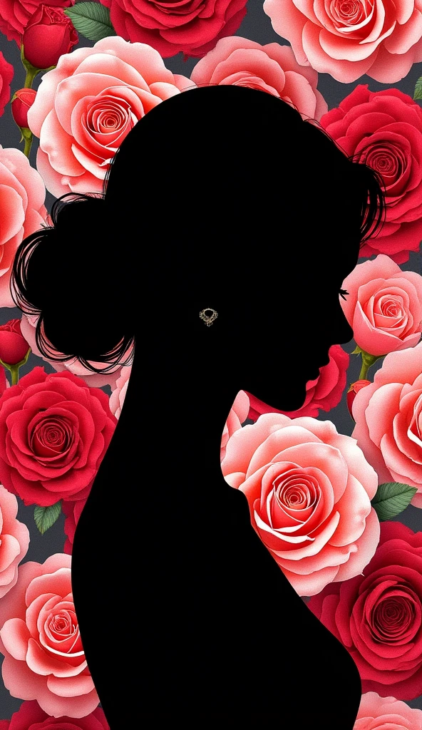 (Masterpiece, high quality, high definition, 4k, 8k, detail)、A simple black silhouette of a woman’s side profile, with a background entirely filled with roses in various shades of red and pink, covering the entire canvas with no gaps. The silhouette is bold, contrasting with the detailed, intricate roses in the background. Add soft, delicate textures to enhance the elegance and lushness of the floral display."

