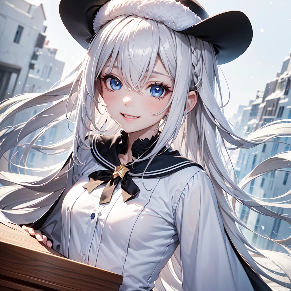 1girl,Handsome face、 best detail 、Baby Face、 absurd、Mysterious、((( perfect anatomy、The best composition、Best Quality, masterpiece, HHD、8K Official Wallpaper , Super detailed、3Ⅾ))),Thin Line Hair 、Milky white hair color、 high definition、 absurdな, lens flare ,(White Theme:1.1),(Halftone:1.2), Dynamic Angle, depth of field , (White background:1.2), (Broken Clear Glass :1.1), Glass Flag ,Transparent Quartz,gothic,  BREAK Details Beautiful Girl ,Cute,(smile:1.1),Silky Hair,blue eyes, flat chest, upper body, Face Focus , watching viewers in the winter mountains ,(dowl hunting casket hat:1.1),Ribbon trim,( Blue Frilled Dress :1.2),Floating Hair,universe、star、流star群、Aurora、diamond、Simple Background、 chr457m45m3rg3d0nmn3m1c neon symmetry!! Halo 2 、fanxing、sailor's sailor uniform、