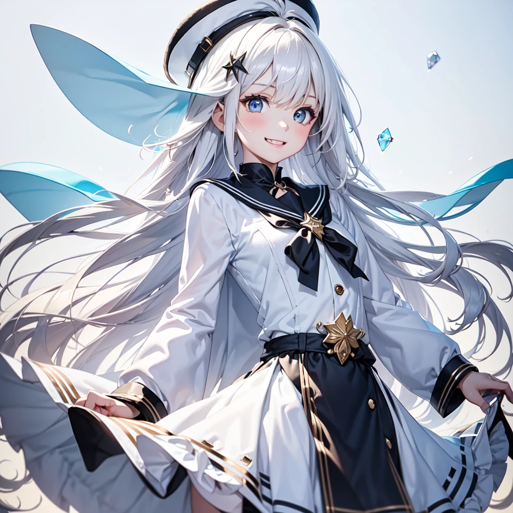 1girl,Handsome face、 best detail 、Baby Face、 absurd、Mysterious、((( perfect anatomy、The best composition、Best Quality, masterpiece, HHD、8K Official Wallpaper , Super detailed、3Ⅾ))),Thin Line Hair 、Milky white hair color、 high definition、 absurdな, lens flare ,(White Theme:1.1),(Halftone:1.2), Dynamic Angle, depth of field , (White background:1.2), (Broken Clear Glass :1.1), Glass Flag ,Transparent Quartz,gothic,  BREAK Details Beautiful Girl ,Cute,(smile:1.1),Silky Hair,blue eyes, flat chest, upper body, Face Focus , watching viewers in the winter mountains ,(dowl hunting casket hat:1.1),Ribbon trim,( Blue Frilled Dress :1.2),Floating Hair,universe、star、流star群、Aurora、diamond、Simple Background、 chr457m45m3rg3d0nmn3m1c neon symmetry!! Halo 2 、fanxing、sailor's sailor uniform、