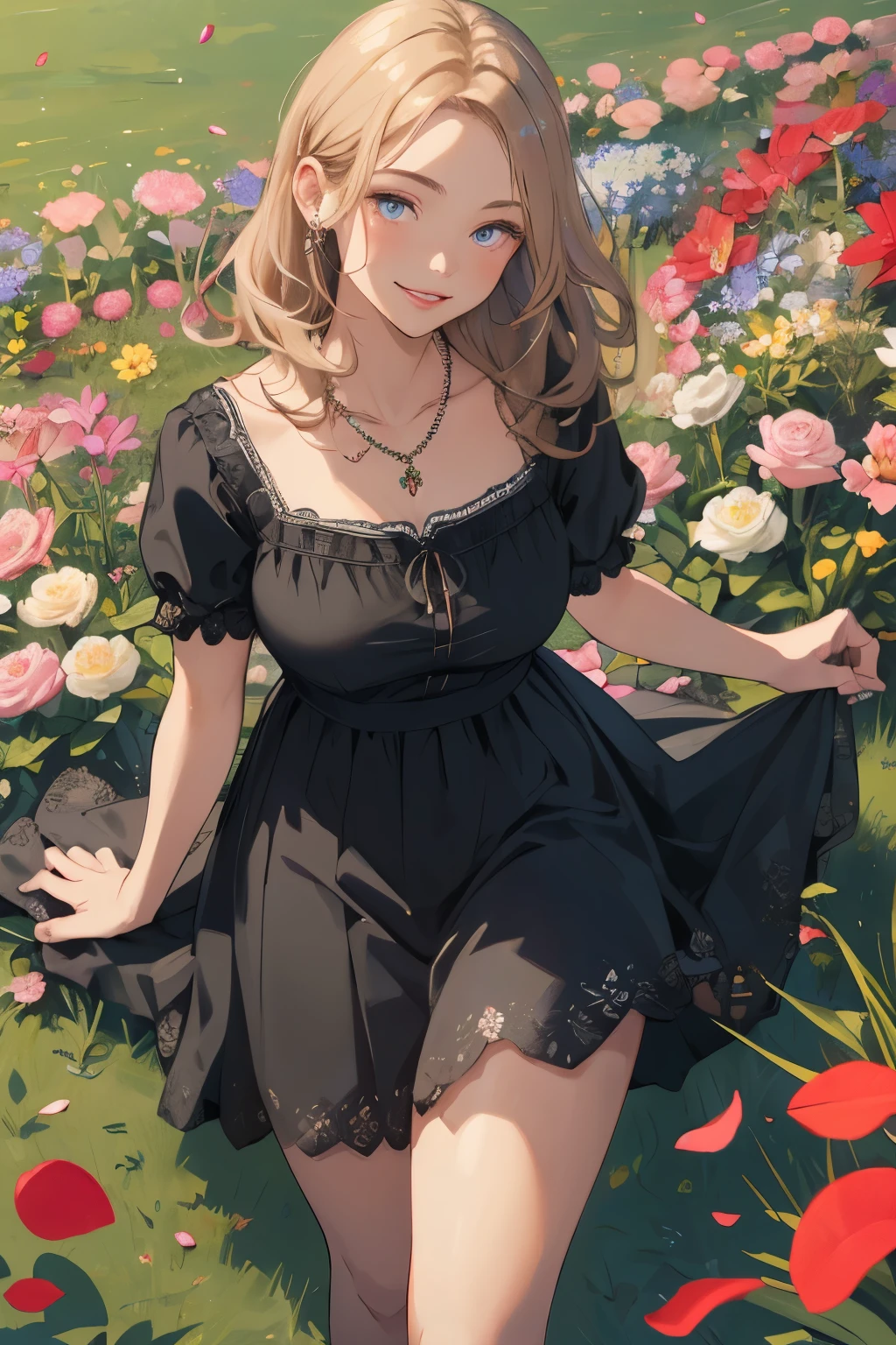 (masterpiece, Best Quality, High image quality, high definition, 8k), 1 girl, A neat and beautiful face, Beautiful eyes, Beautiful nose, Beautiful lips, Beautiful face drawing, Biologically Accurate and Healthy Bodies , Mid-chest, necklace , Light chestnut medium hair, Middle parted hair, A woman in a black dress with a petal pattern, looks at me and smiles , An area made of flower petals, vibrant colors, Garden Background, Detailed and Delicate Illustrated Art, Above the knee shot,