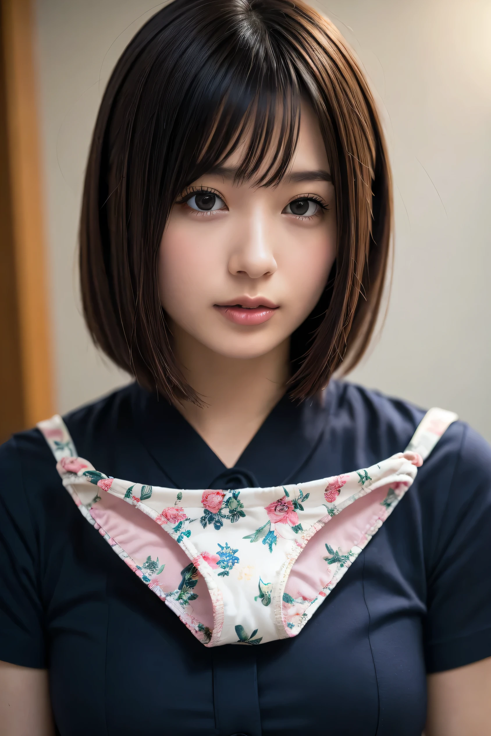 (8k, RAW photo,Best Quality, high res:1.1), (超Realisticな:1.4),(Realistic, Realistic:1.3),Japanese Beauty、nurse、nurseコスプレのマッサージ師、(( upper body:1.3)),print {black|Pink|blue|Purple|Gray} panties、 shortcuts、 bob cut 、 short hair、Face is close、Close face、Panties in front、 panties、Very big panties、Pretty big panties