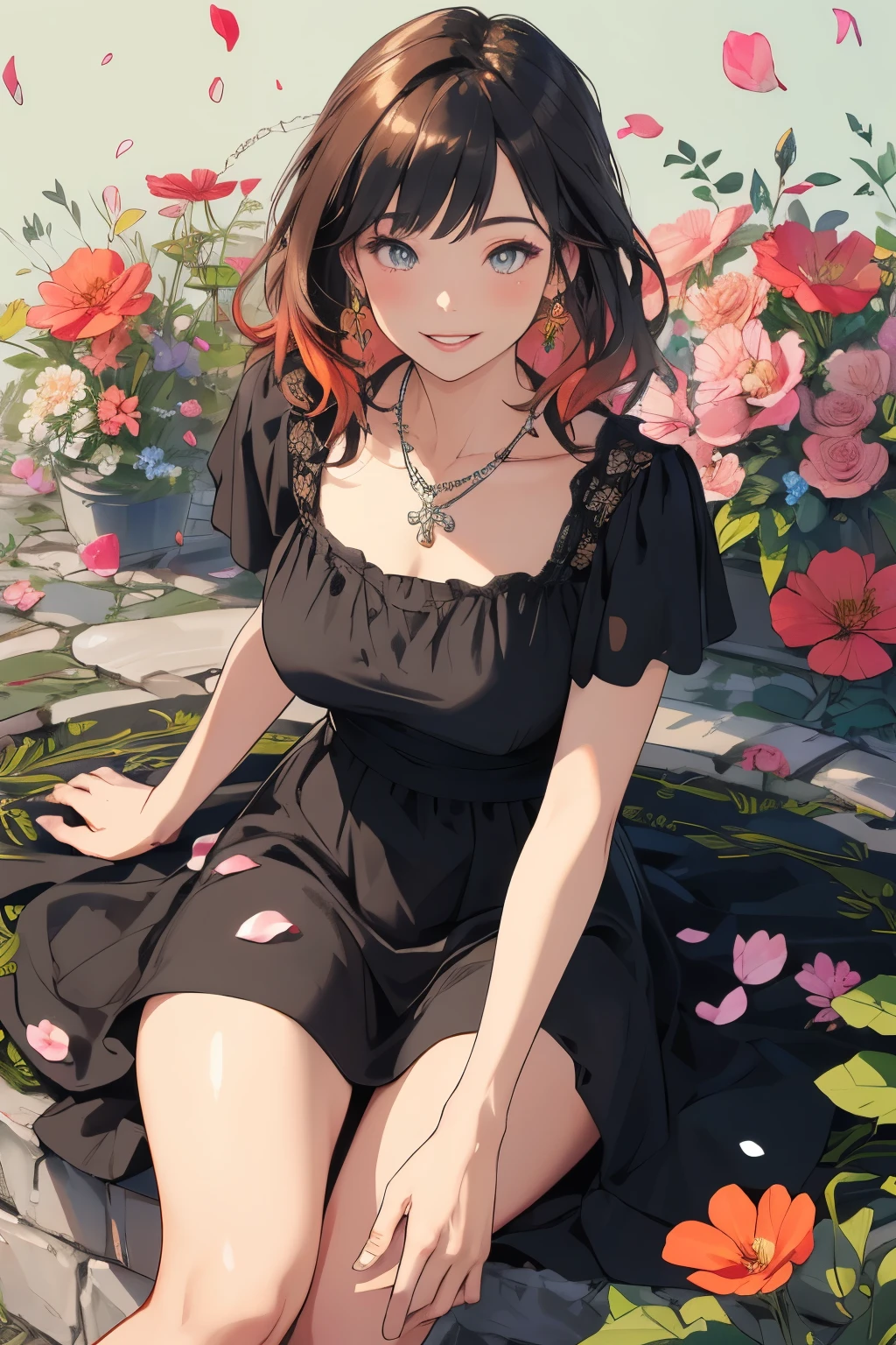 (masterpiece, Best Quality, High image quality, high definition, 8k), 1 girl, A neat and beautiful face, Beautiful eyes, Beautiful nose, Beautiful lips, Beautiful face drawing, Biologically Accurate and Healthy Bodies , Mid-chest, necklace , Light chestnut medium hair, Middle parted hair, A woman in a black dress with a petal pattern, looks at me and smiles , An area made of flower petals, vibrant colors, Garden Background, Detailed and Delicate Illustrated Art, Above the knee shot,