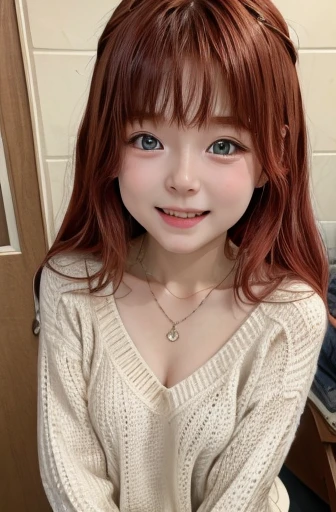  semi-long 、Redhead、Droopy eyes、Double eyelids、kind、Baby Face、cute、Beauty、 girl、 slender、Tall、Shy laugh、V-neck knitted sweater 、C Cup、 necklace 