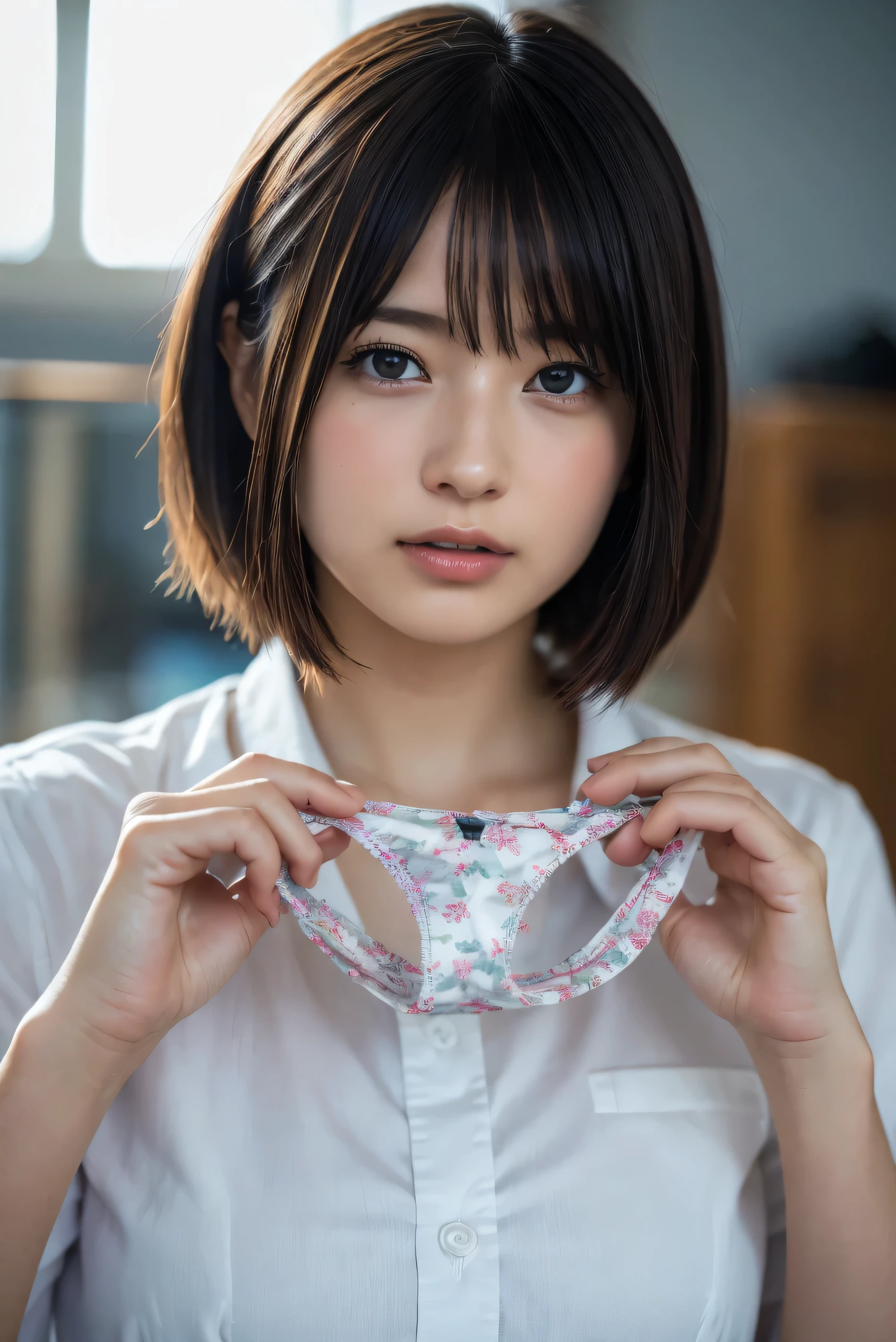 (8k, RAW photo,Best Quality,  high res:1.1), (超Realisticな:1.4),(Realistic, Realistic:1.3),Japanese Beauty、nurse、nurseコスプレのマッサージ師、((  upper body:1.3)),print {black|Pink|blue|Purple|Gray} panties、 shortcuts、 bob cut 、 short hair、Face is close、Close face、Panties in front、 panties