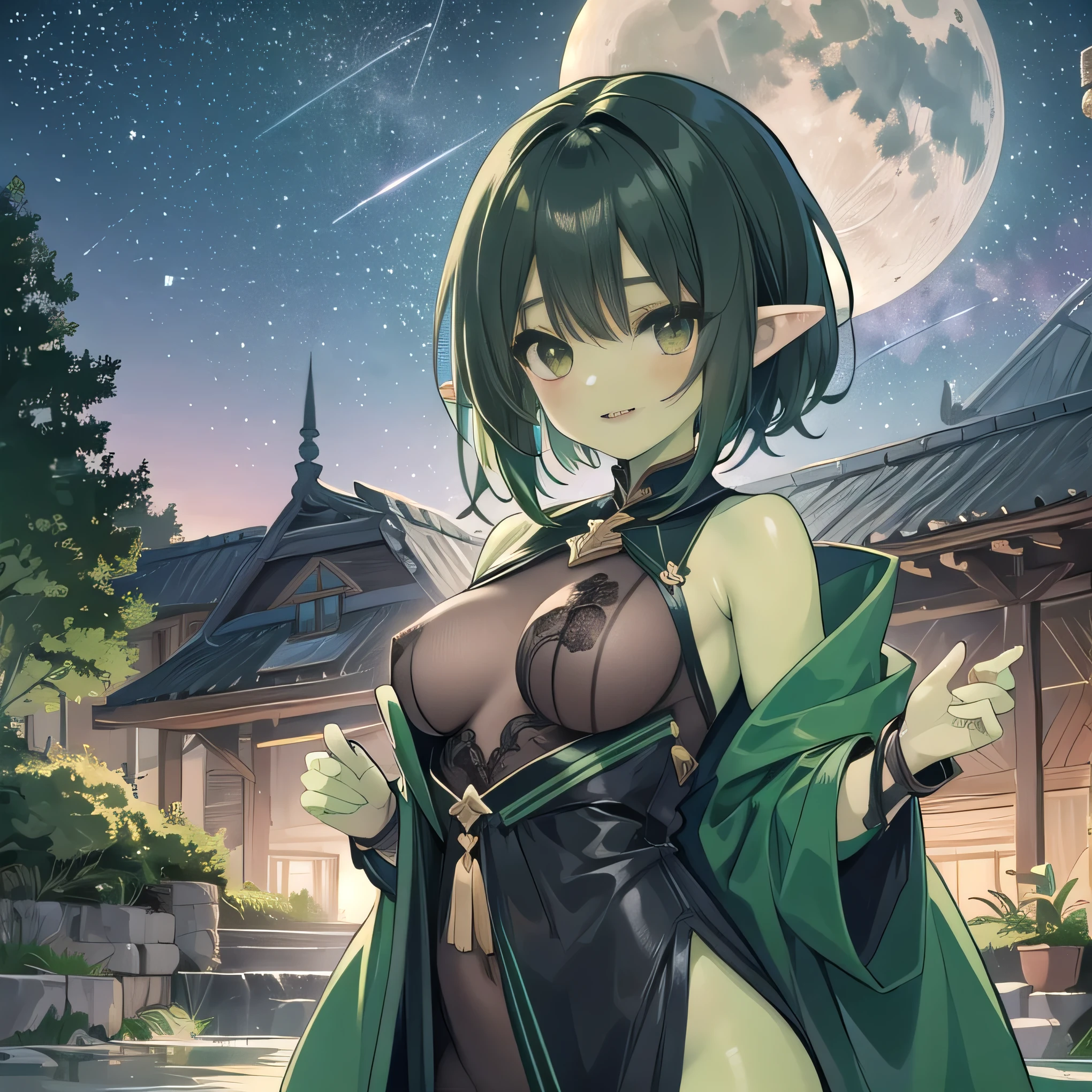 Nsfw, explicit content、pretty girl、Fetish、Happy smile、shooting star、milky way、full moon、Beautiful background、One goblin Girls、horny 、sexy mage robes 、Black Hair、Brown eyes、Pointed Ears、Short Hair, ,  (detailed green skin, glossy green lips, clear green skin),