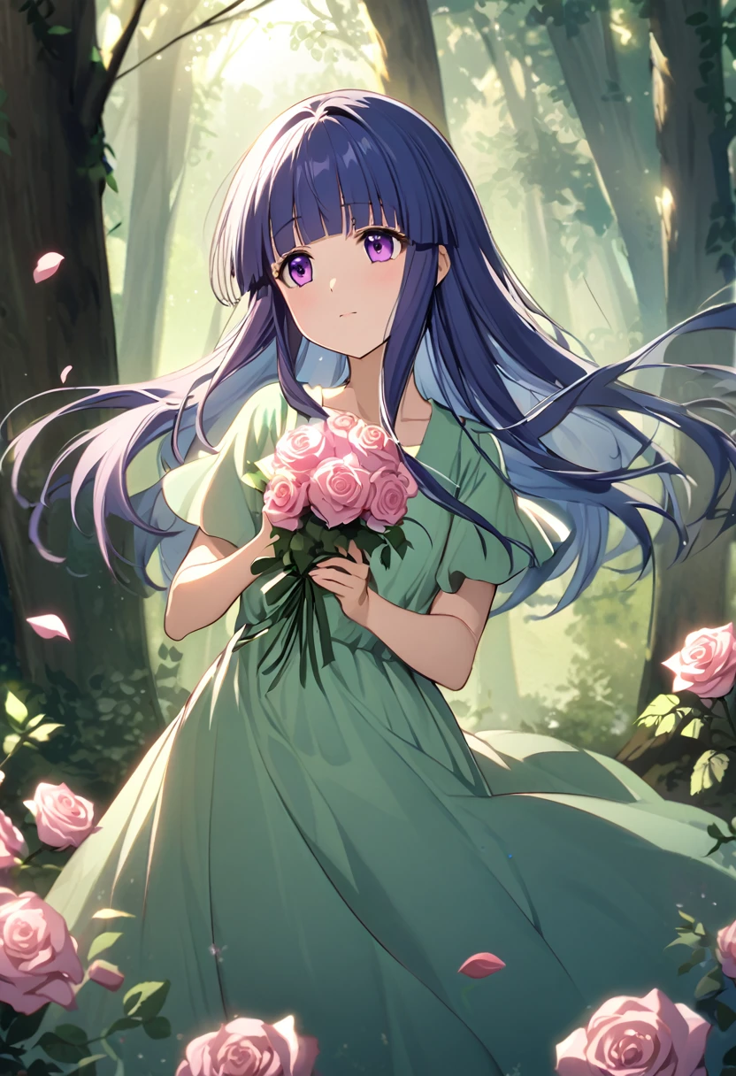 (( Rose)), Bouquet of pale pink roses,  girl, Alone, Furude Rika,  blue hair,  purple eyes, Long Hair, blunt bangs, bangs,  Green Dress , In the forest, Natural Light,  gentle expression , Petals are dancing