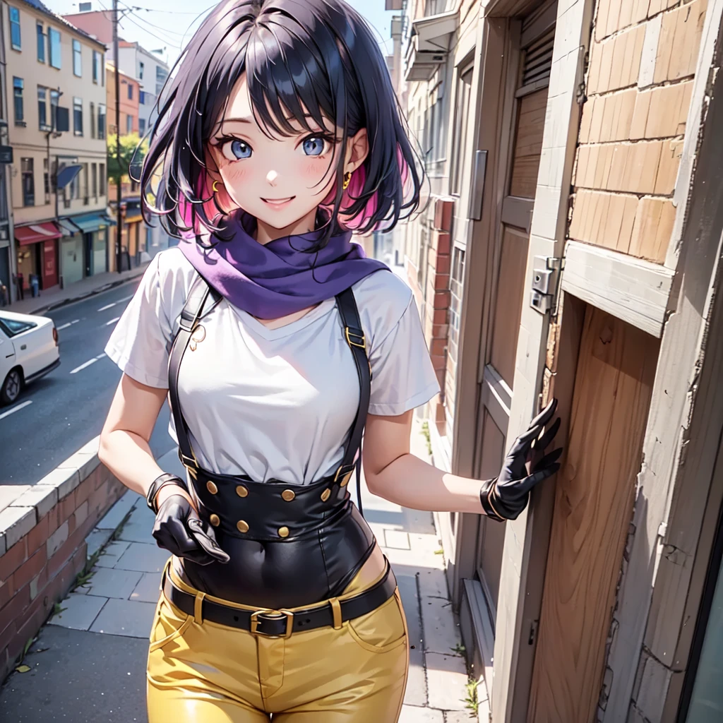 masterpiece, Alone, 非常に Details , 超 Details,  ultra high resolution , (Best Quality), ( best shadow ),  Details,  Full Photo,  1 girl in,Alone Focus, 1 girl,(Pascal Tales:1.5),( 80s anime style:1.2),multicoloRed Hair, blue shirt, Gray Hair, scarf, Red Hair, shirt, Two-tone hair, Brown Eyes , short sleeve shirt,( Scoop Neckline :1.2),scarf, yellow suspenders,( Pascal Outfit :1.5),1980s  anime style,  1980s cartoon style ,  in the style of 、, Retro Anime, sharp, Defined Line,  Details, compensate, Beautiful Face, Gorgeous eyes ,smile,  80s anime style,  anime style, bangs don't show forehead , White eyebrows ,smile, green elbow gloves , black short leggings ,short sleeve shirt,( Scoop Neckline :1.2),scarf, yellow suspenders,yellow short,pants,Purple Belt ,