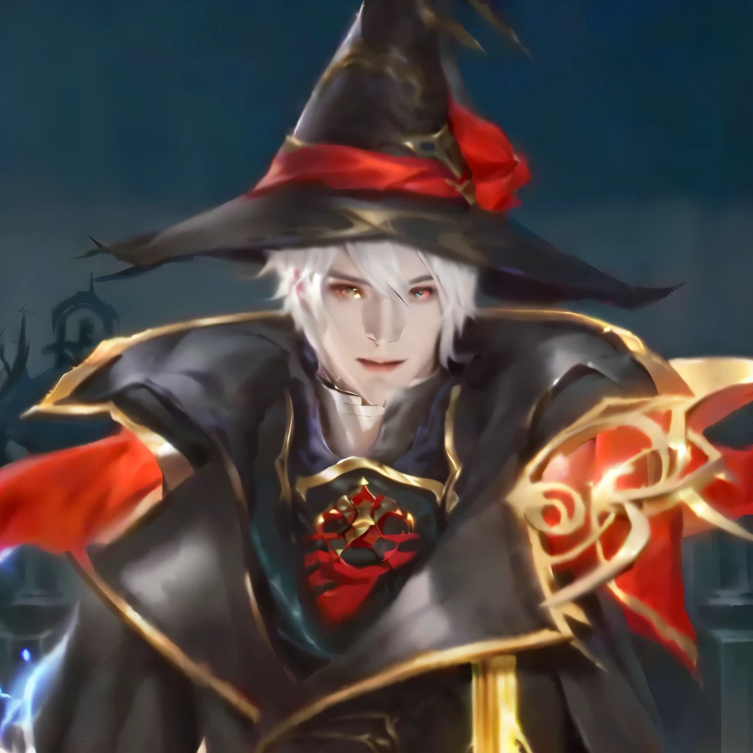 a close up of a person wearing a hat and a costume, young shadow mage male, evil male sorcerer, male wizard, lineage 2 revolution style, skinny male mage, evil sorcerer, closeup portrait of an mage, black - haired mage, from the black mage cemetery!!!, heise jinyao, he has dark grey hairs, young wizard