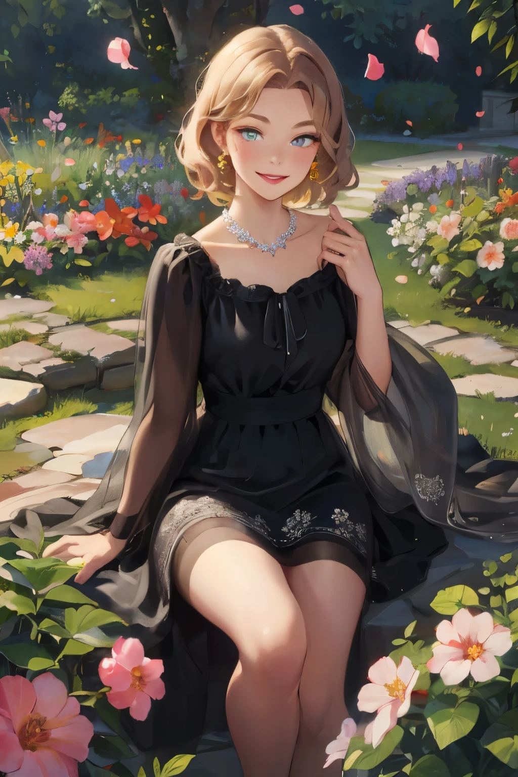 (masterpiece, Best Quality, High image quality, high definition, 8k), 1 girl, A neat and beautiful face, Beautiful eyes, Beautiful nose, Beautiful lips, Beautiful face drawing, Biologically Accurate and Healthy Bodies , Mid-chest, necklace , Light chestnut medium hair, Middle parted hair, A woman in a black dress with a petal pattern, looks at me and smiles , An area made of flower petals, vibrant colors, Garden Background, Detailed and Delicate Illustrated Art, Above the knee shot,
