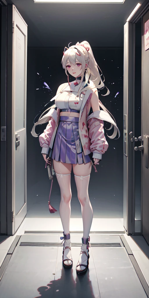 1 woman, Japanese clothing,  ponytail ,  white hair ,   purple eyes  , magic circle, Blue flame, Blue Flame,  wallpaper in front of the school door , landscape, blood, blood splatter, Depth , night, light particles, Ray of light, Photometry , Thigh, fate \(series\), Genshin Impact, ****, Open jacket, skirt, Thigh 하이, cloud