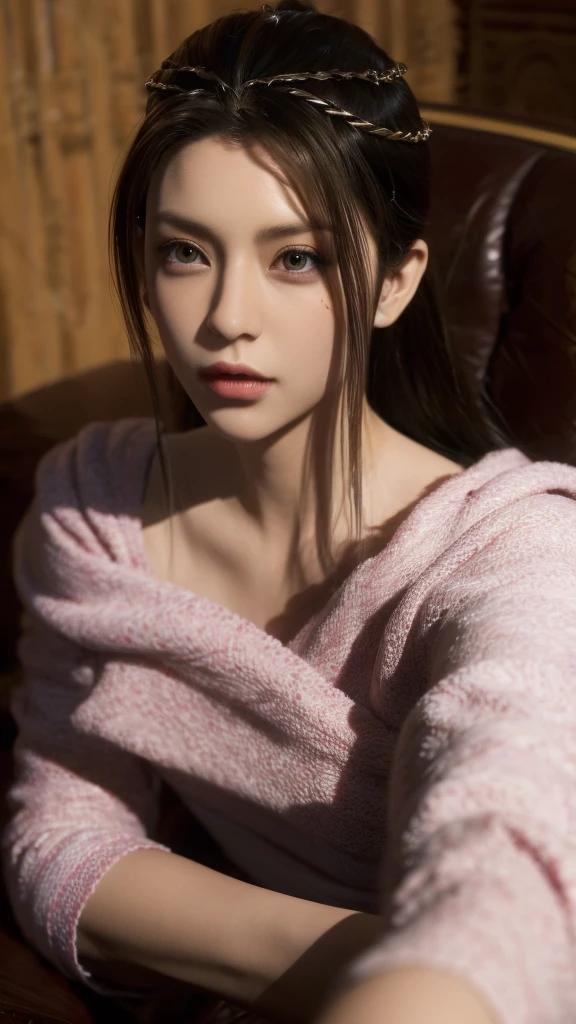 【8k, best quality, masterpiece,  super high resolution, (realism: 1.4),  original photo, (Realistic skin texture: 1.3), ( film particles : 1.3), ( selfie angle ), 1 female,  Beautiful eyes and face details sitting on a luxurious blanket chair, masterpiece, best quality, close up, 坐在豪華毛毯長椅子上,looking at everyone