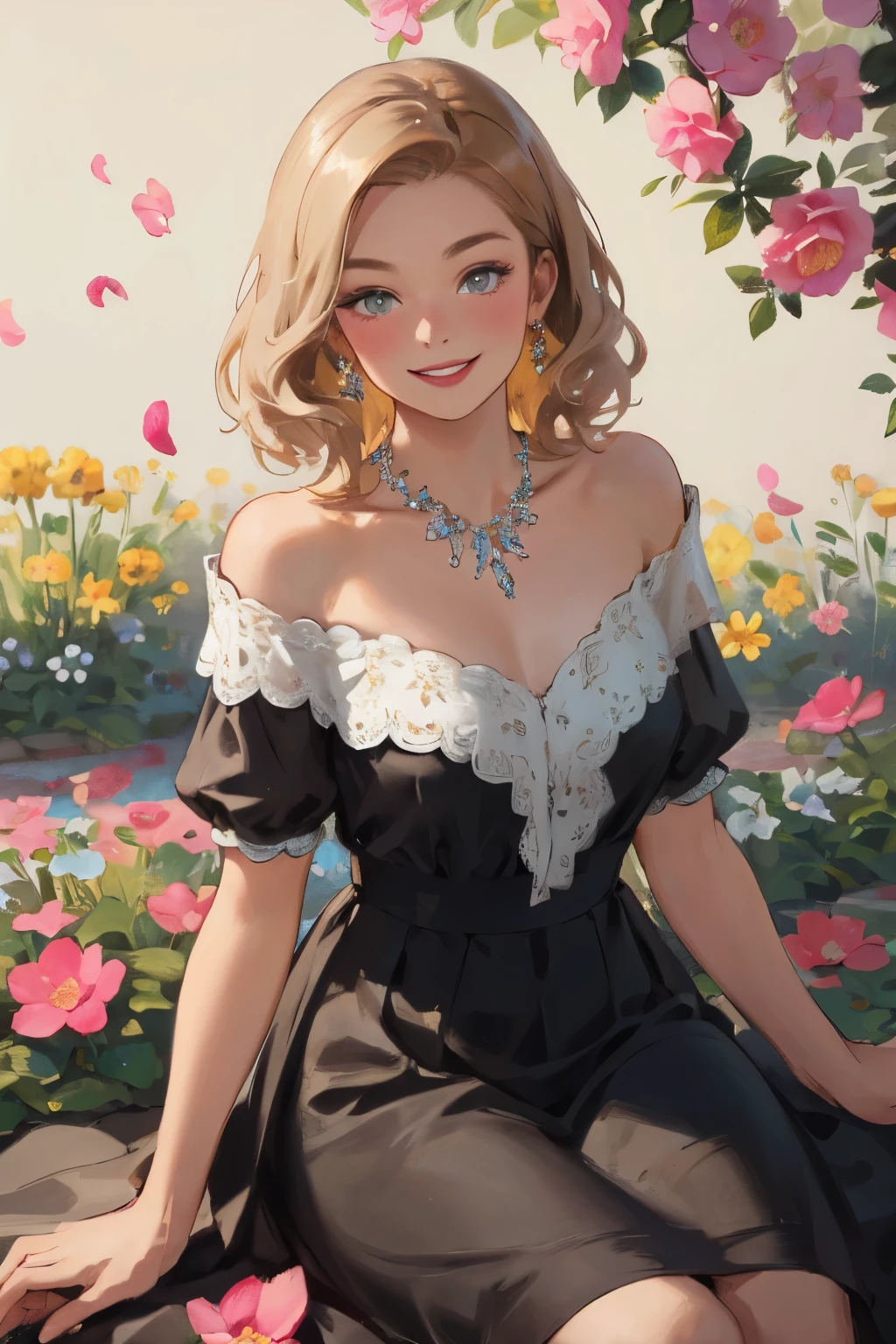 (masterpiece, Best Quality, High image quality, high definition, 8k), 1 girl, A neat and beautiful face, Beautiful eyes, Beautiful nose, Beautiful lips, Beautiful face drawing, Biologically Accurate and Healthy Bodies , Mid-chest, necklace , Light chestnut medium hair, Middle parted hair, A woman in a black dress with a petal pattern, looks at me and smiles , An area made of flower petals, vibrant colors, Garden Background, Detailed and Delicate Illustrated Art, Above the knee shot,