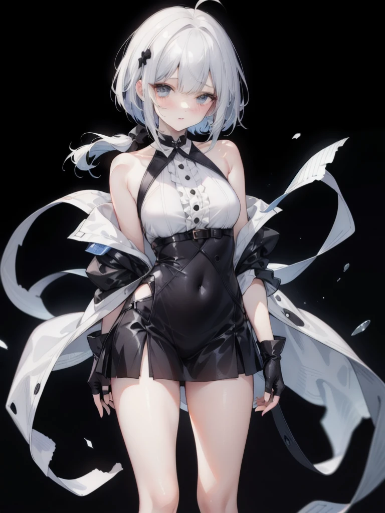 Two-tone medium bob、Girl, dress, Thigh length,  jacket that makes you pull your shoulders out, fingerless gloves BREAK  ((  simple background ,  black background))、Ahoge, 