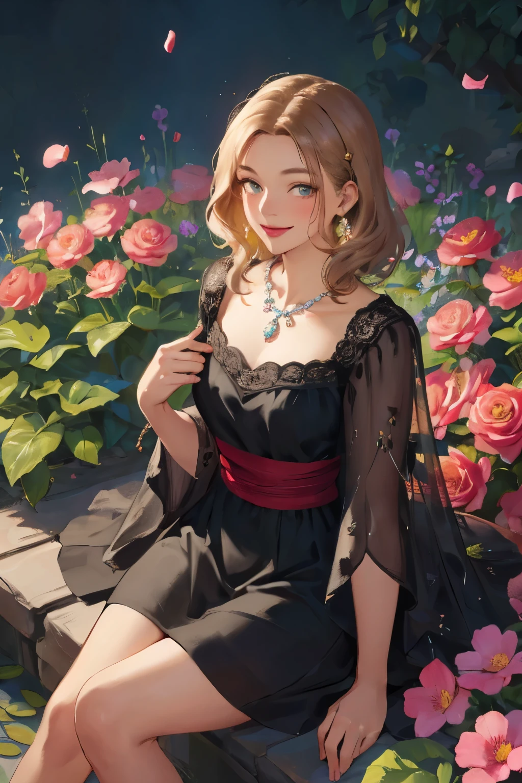 (masterpiece, Best Quality, High image quality, high definition, 8k), 1 girl, A neat and beautiful face, Beautiful eyes, Beautiful nose, Beautiful lips, Beautiful face drawing, Biologically Accurate and Healthy Bodies , Mid-chest, necklace , Light chestnut medium hair, Middle parted hair, A woman in a black dress with a petal pattern, looks at me and smiles , An area made of flower petals, vibrant colors, Garden Background, Detailed and Delicate Illustrated Art, Above the knee shot,