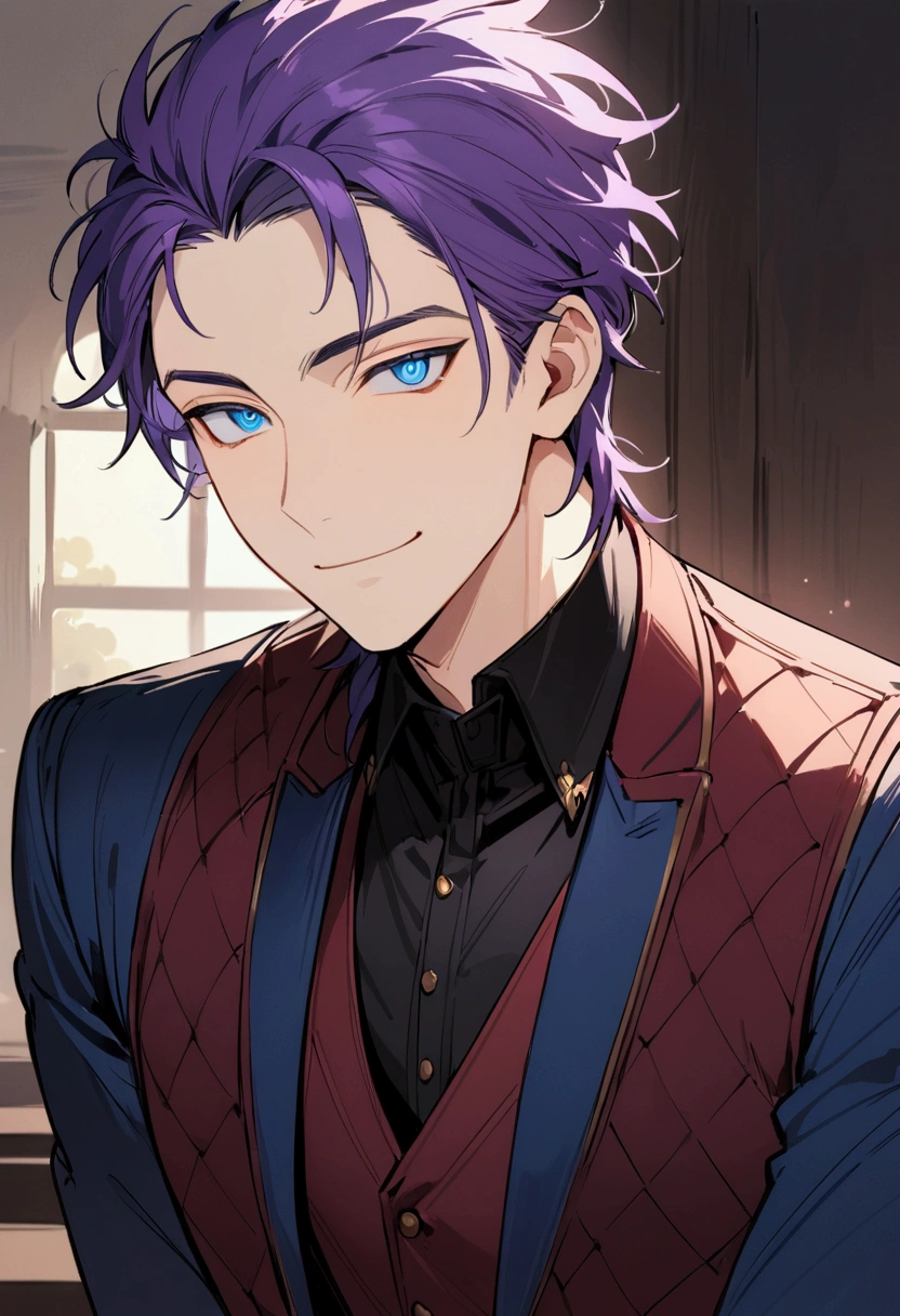 whole body、Character portrait、male、masterpiece、Handsome、The forehead is visible、1 man,  purple Hair、Jacket、Give bangs、Showing his forehead、Handsome、Intricately drawn eyes、good looking、((blue eyes)), 30 years old, handsome male, wearing vest, sarcastic, sarcastic smile