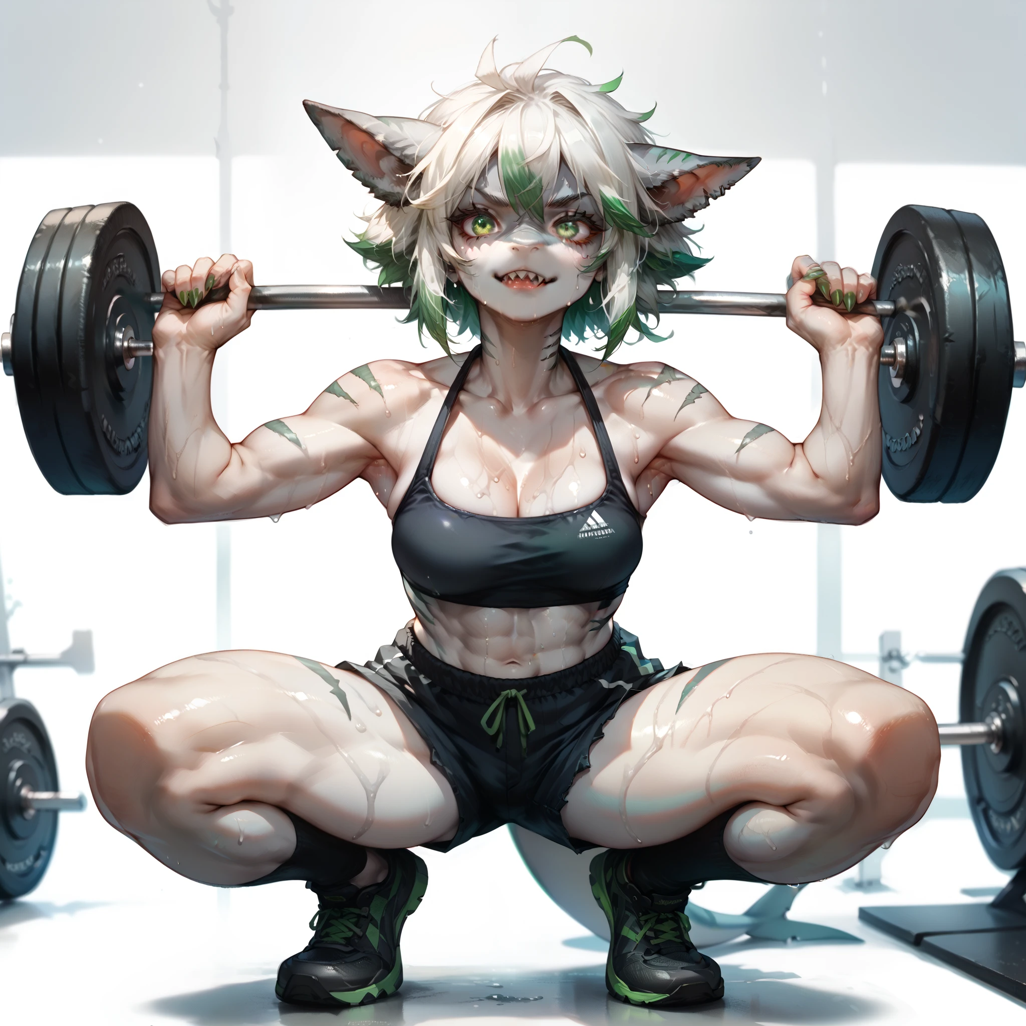 Score_9, score_8, score_7, source_anime, Anthro, jade, Anthro shark, grey skin, Slender body, white hair with green ends, green eyes, wearing a black bandeau and a shorts, squat pose, gym,Barbell,GYM WEIGHTS, exercises for lifting barbells, SWEAT,SWEATING DROPPING, front view, DEEP OF FIELD,(HUGE weightlifting:1.1) ,(HUGE GYM WEIGHTS:1.1),ARMPITS,TREMBLING,