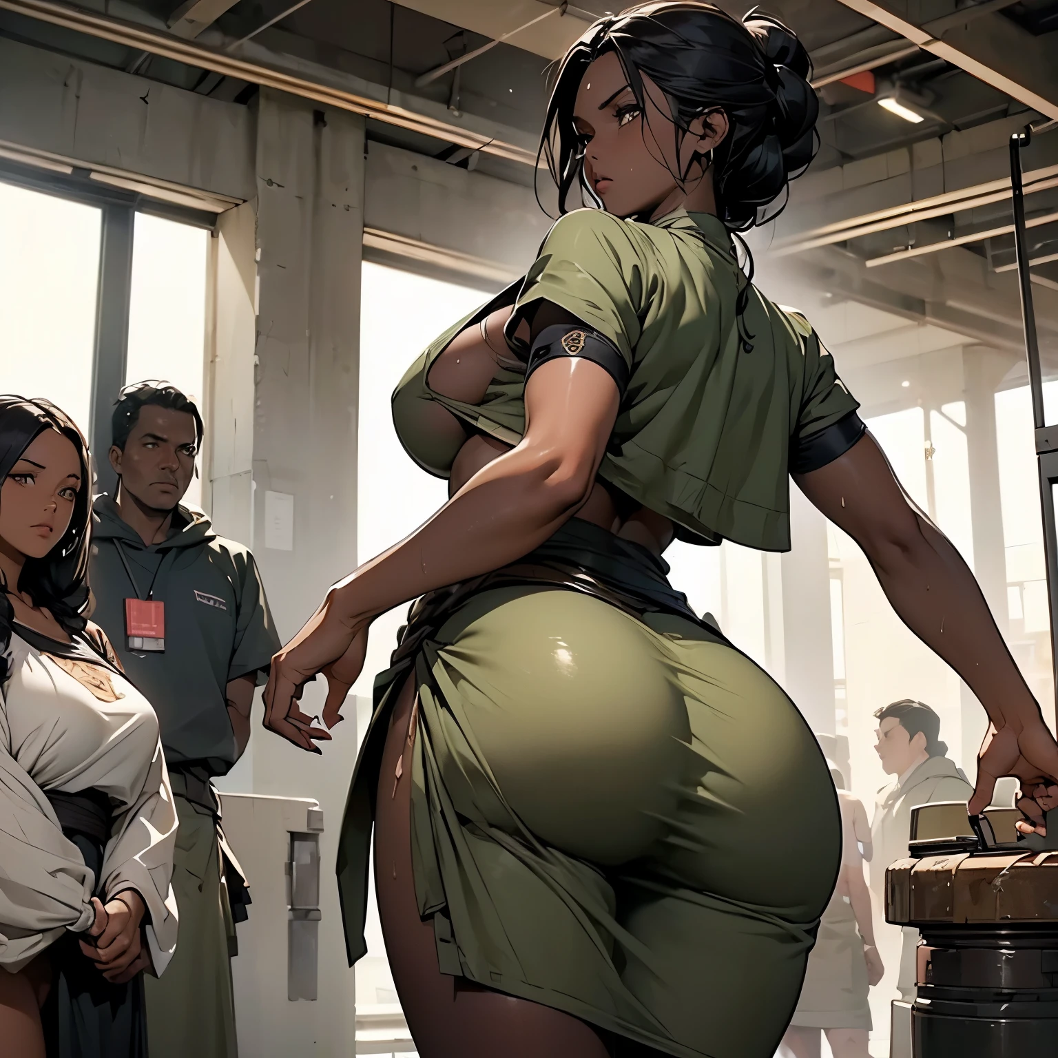 1female，35yo，plumw，extremely large bosom， 独奏，（Background with：Huge machinery，space ship，space） She has short blonde hair，Twist braids，seen from the front， hair straight，，（（（tmasterpiece），（Very detailed CG unity 8K wallpaper），best qualtiy，cinmatic lighting，detailed back ground，beatiful detailed eyes，Bright pupils，Blue eyes，Snow-whiteskin，Redlip（Very fine and beautiful），（Beautiful and detailed eye description），ultra - detailed，tmasterpiece，））facing at camera，A high resolution，ultra - detailed），revealing breasts，Bare genitalia，  Bulge，legs are open，Raised sexy，Camel toes，Flushed complexion，Desire for dissatisfaction，frontage，American pilot，military hat，Dark green bomber jacket，Black pantyhose，on cheongsam