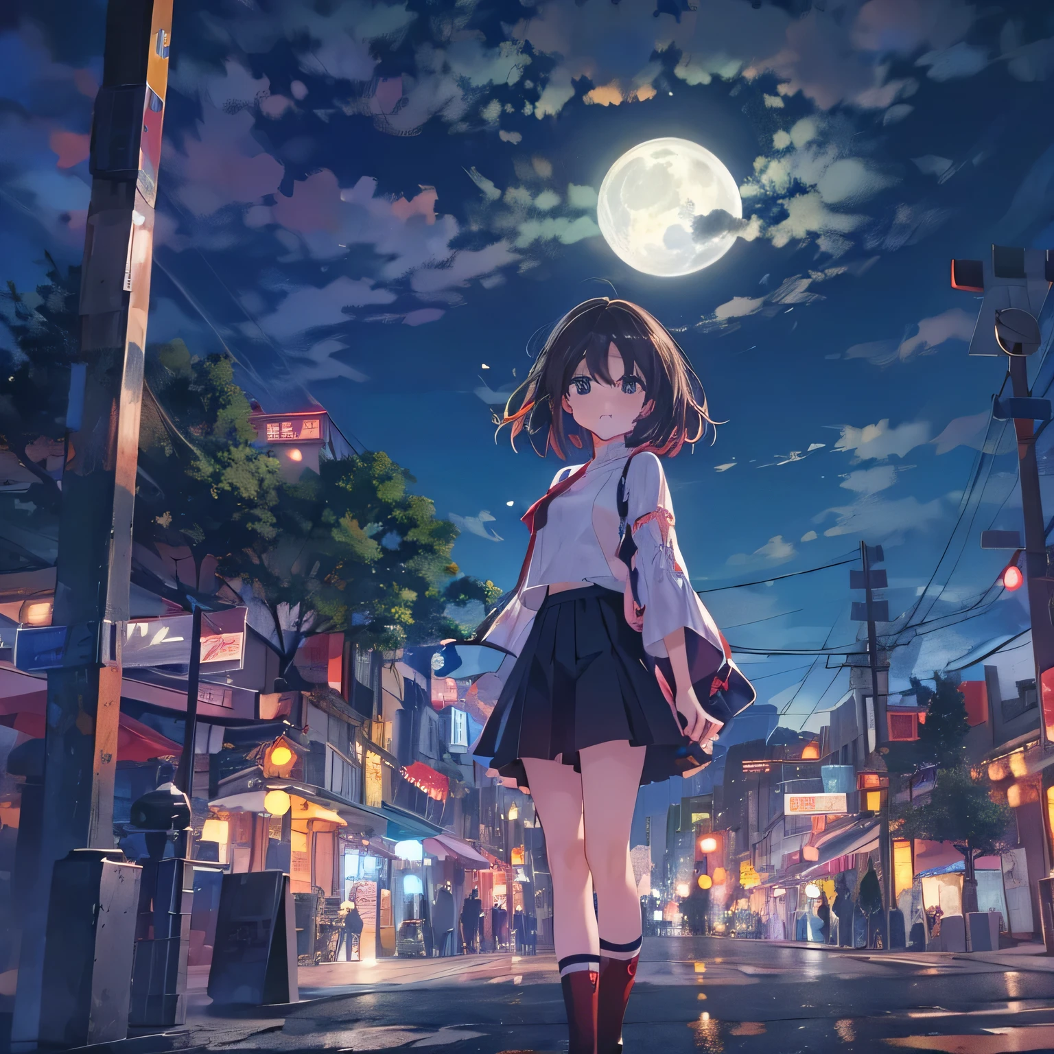 Full moon night。A beautiful girl with dark hair and bob-cut brown eyes looks up at the sky at the scramble crossing、Colorful pop anime 