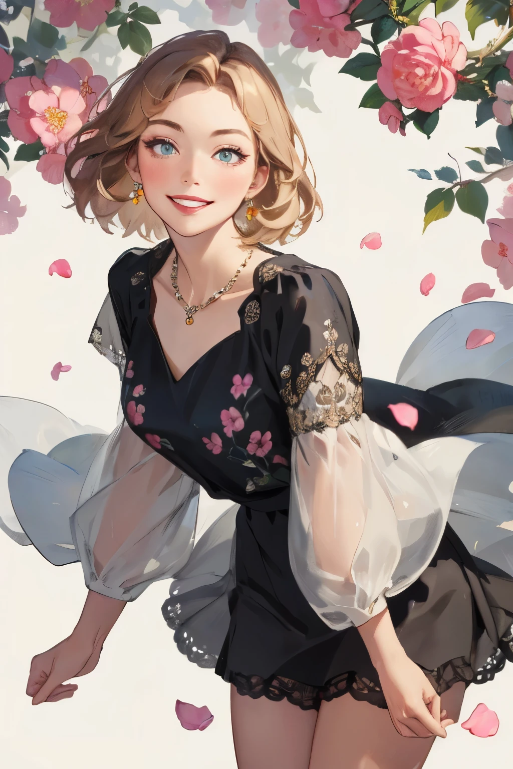 (masterpiece, Best Quality, High image quality, high definition, 8k), 1 girl, A neat and beautiful face, Beautiful eyes, Beautiful nose, Beautiful lips, Beautiful face drawing, Biologically Accurate and Healthy Bodies , Mid-chest, necklace , Light chestnut medium hair, Middle parted hair, A woman in a black dress with a petal pattern, looks at me and smiles , An area made of flower petals, vibrant colors, Garden Background, Detailed and Delicate Illustrated Art, transparent miniskirt ,