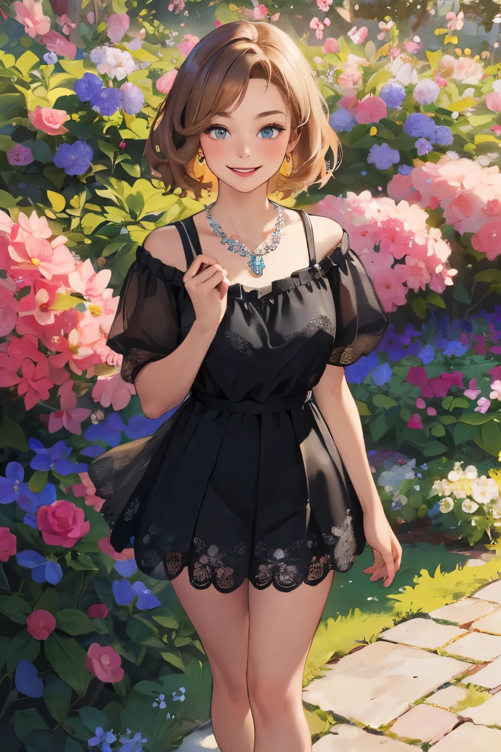 (masterpiece, Best Quality, High image quality, high definition, 8k), 1 girl, A neat and beautiful face, Beautiful eyes, Beautiful nose, Beautiful lips, Beautiful face drawing, Biologically Accurate and Healthy Bodies , Mid-chest, necklace , Light chestnut medium hair, Middle parted hair, A woman in a black dress with a petal pattern, looks at me and smiles , An area made of flower petals, vibrant colors, Garden Background, Detailed and Delicate Illustrated Art, transparent miniskirt ,