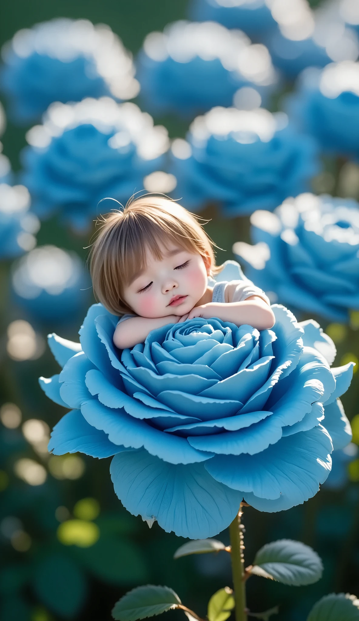 Highly detailed blue roses、 A fairy is sleeping inside a rose flower、(((Little fairy、Cute sleeping face、The fairy who sleeps in a circle、cute petal clothes、Full body angle:1.37)))、Mysterious、Morning Dew、