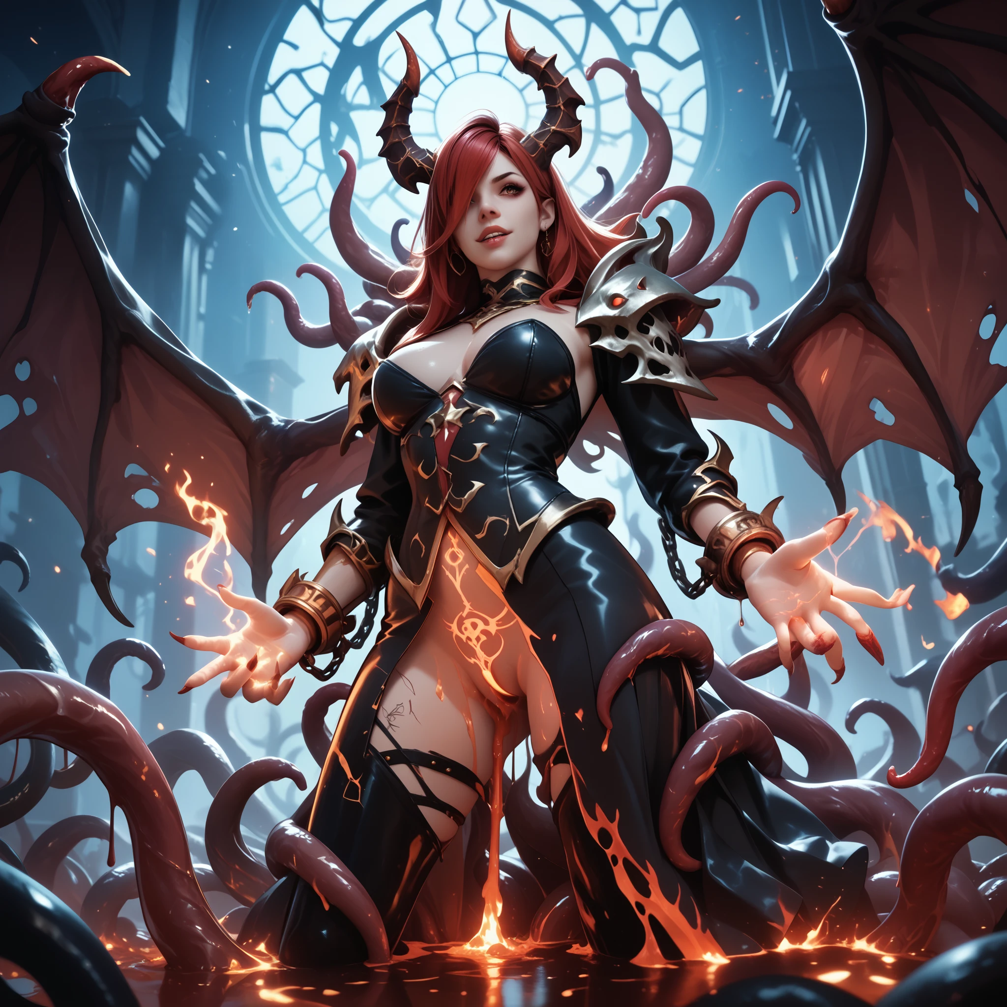 dark eldritch of flesh and bones, monstrous, non-human, no face, anthromorph, summoned from red liquid, rising with great horns and chains, dark and ominious backdrop with low light, black and red hues, glowing magic seals, diablo, tentacles, wings, fire