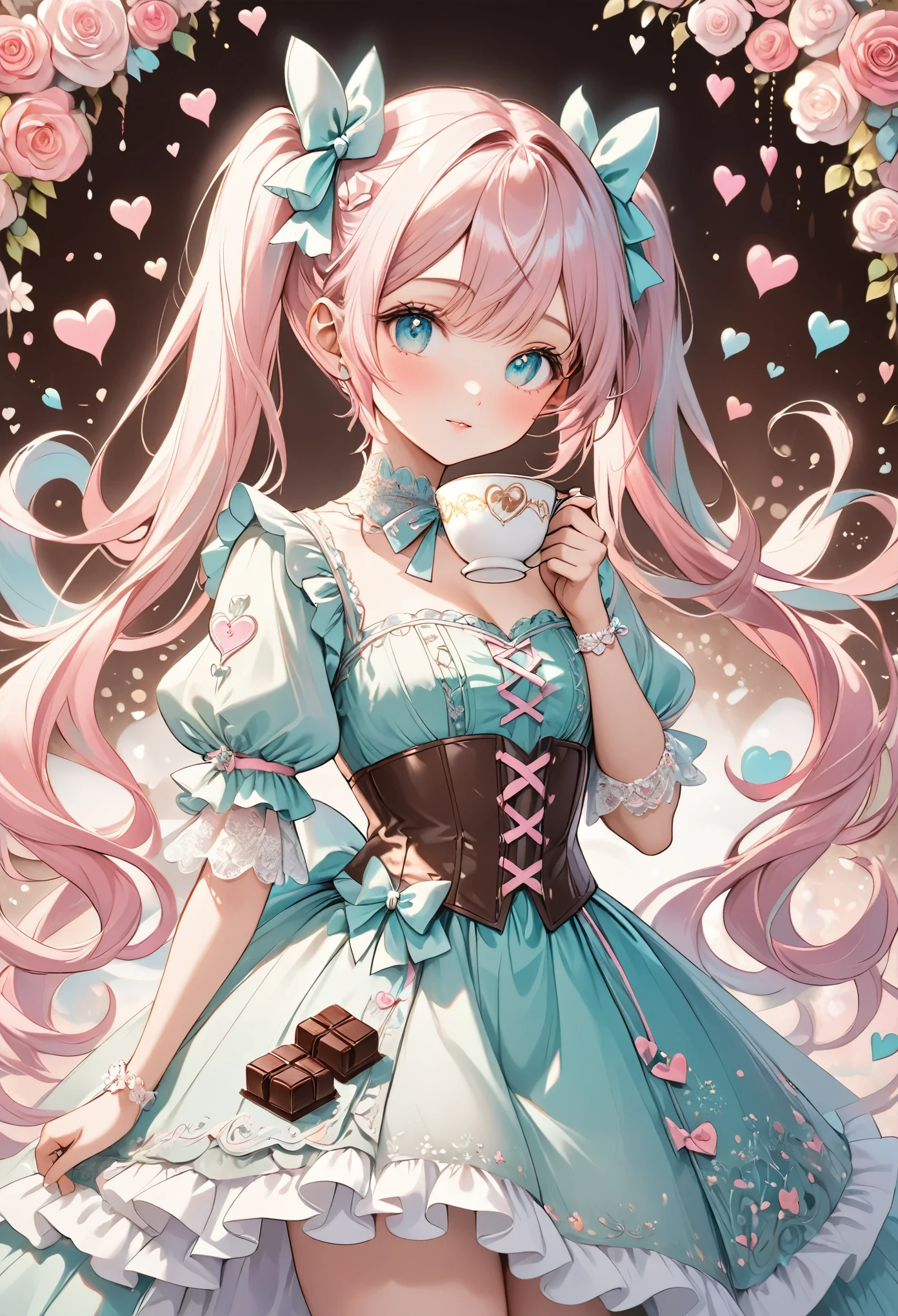 masterpiece, best quality, ultra-detailed, 1girl, long teal twin tails, pastel,wearing an elaborate fairytale-inspired dress, frilly white and pink with layers of lace and ribbons, adorned with heart and bow details, intricate patterns on the sleeves and skirt, delicate corset and puffed sleeves, large teacup with intricate latte art, chocolate box background, elegant and graceful pose, gentle lighting, soft whimsical atmosphere, sweets and chocolate theme, magical and dreamy