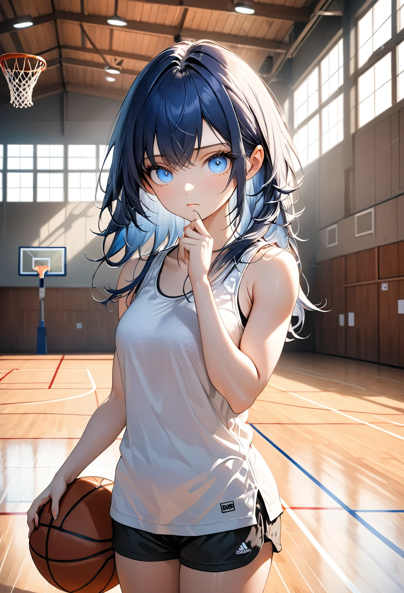 masterpiece, best quality, ultra-detailed, 1girl, dark blue hair with long strands, blue eyes, serious expression, casual tank top, athletic build, standing with hand near chin, gymnasium background, wooden floor, basketball court lines, large windows with natural light filtering in, calm and focused atmosphere, soft shadows, realistic lighting