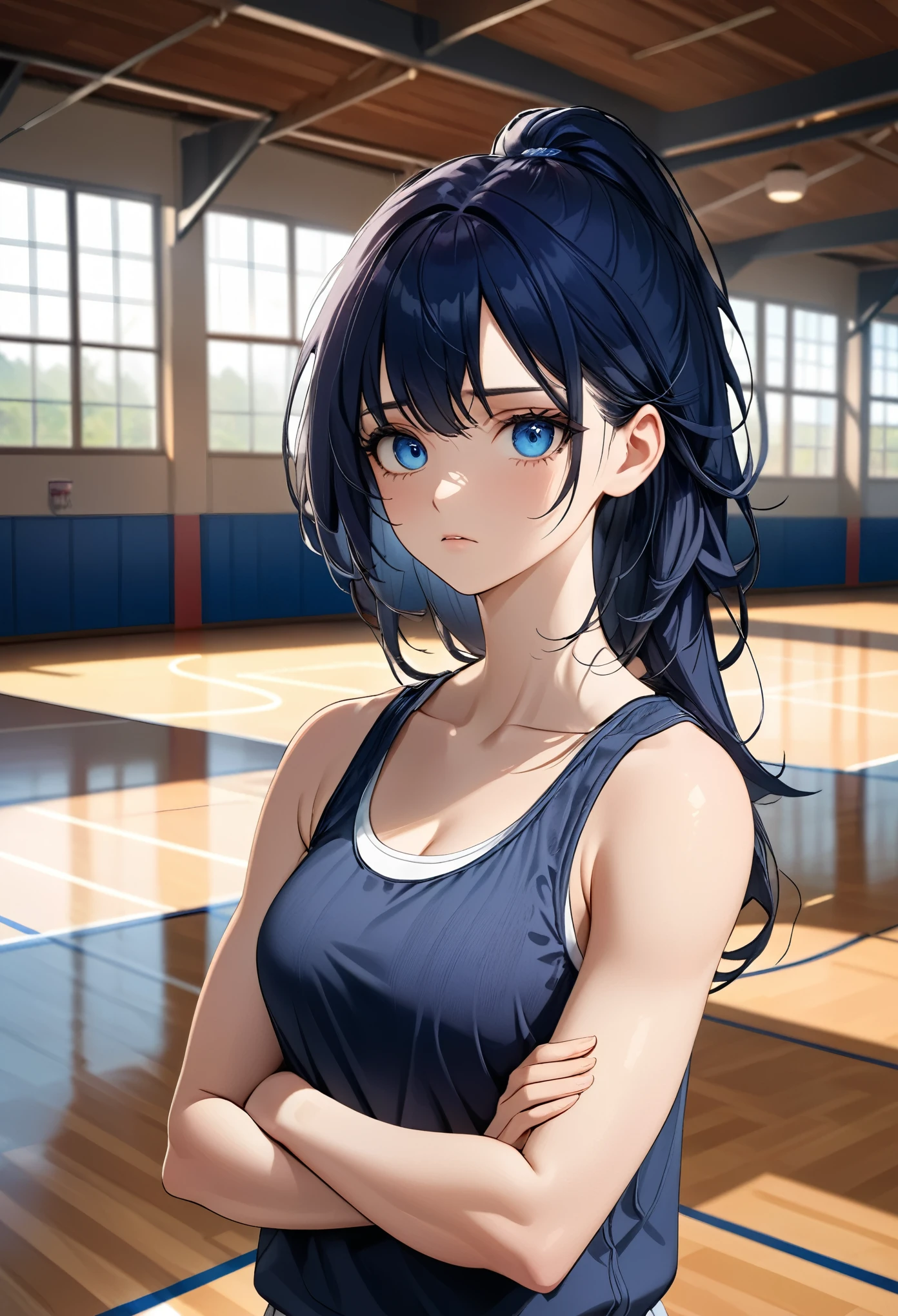 masterpiece, best quality, ultra-detailed, 1girl, dark blue hair with long strands, blue eyes, serious expression, casual tank top, athletic build, standing with hand near chin, gymnasium background, wooden floor, basketball court lines, large windows with natural light filtering in, calm and focused atmosphere, soft shadows, realistic lighting