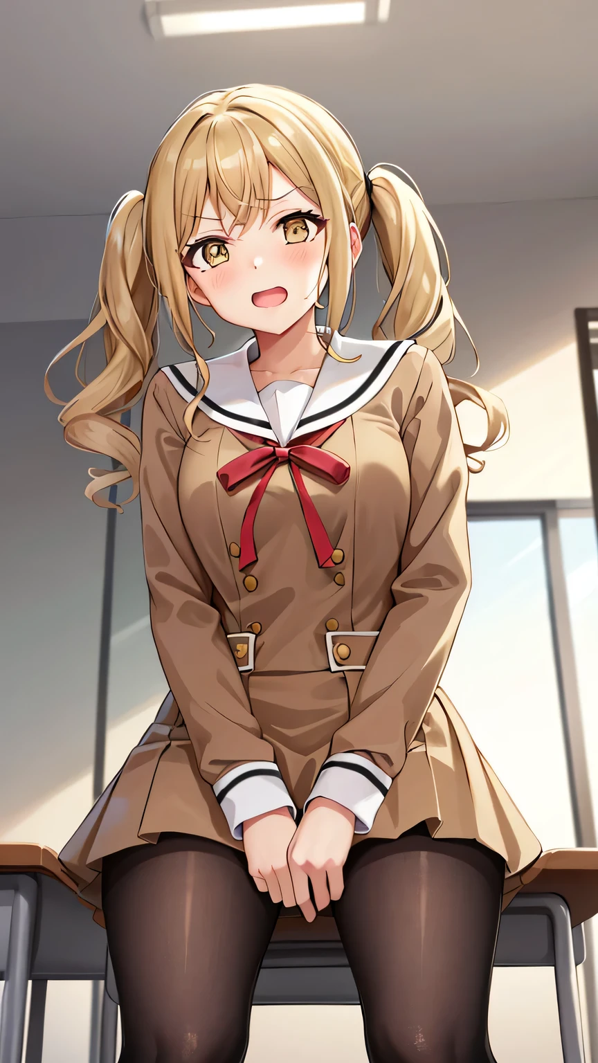 {{{masterpiece}}}, (best quality:1.5), (ultra-detailed:1.5), {illustration}, {{an extremely delicate and beautiful}}, (beautiful detailed eyes:1.6), absurdres, highres, extremely detailed face, 16k, hd, visual anime de uma jovem mulher, extremamente bonito rosto de anime, anime melhor garota, (perfect hands, perfect anatomy), anime face, Arisa Ichigaya(BanG Dream!), 1girl, solo, cute face, long hair, blonde hair, rubber hair band, twintails, sidelocks, crossed bangs, x hair ornament, brown pupils, (yellow eyes:1.4), medium breasts, thin waist, big hips, curvaceous, BREAK, {school uniform}, {Hanasakigawa Girls' Academy High School Uniform(Winter clothes)}, neck ribbon, red ribbon, brown dress, white sailor collar, brown shirt, double-breasted, long sleeves, mini skirt, black pantyhose, loafers, brown footwear, BREAK,1girl, cowboy shot, open mouth, kyoushitsu, classroom, indoors, school chair, school desk, chalkboard, window, ceiling light, curtains, peer in from below, looking at viewer, daytime, sit on the desk, spread legs, flushed cheeks, spread crotch