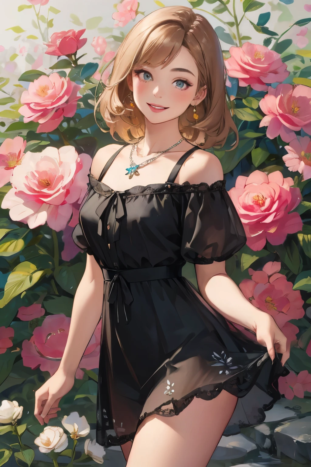 (masterpiece, Best Quality, High image quality, high definition, 8k), 1 girl, A neat and beautiful face, Beautiful eyes, Beautiful nose, Beautiful lips, Beautiful face drawing, Biologically Accurate and Healthy Bodies , Mid-chest, necklace , Light chestnut medium hair, Middle parted hair, A woman in a black dress with a petal pattern, looks at me and smiles , An area made of flower petals, vibrant colors, Garden Background, Detailed and Delicate Illustrated Art, transparent miniskirt ,
