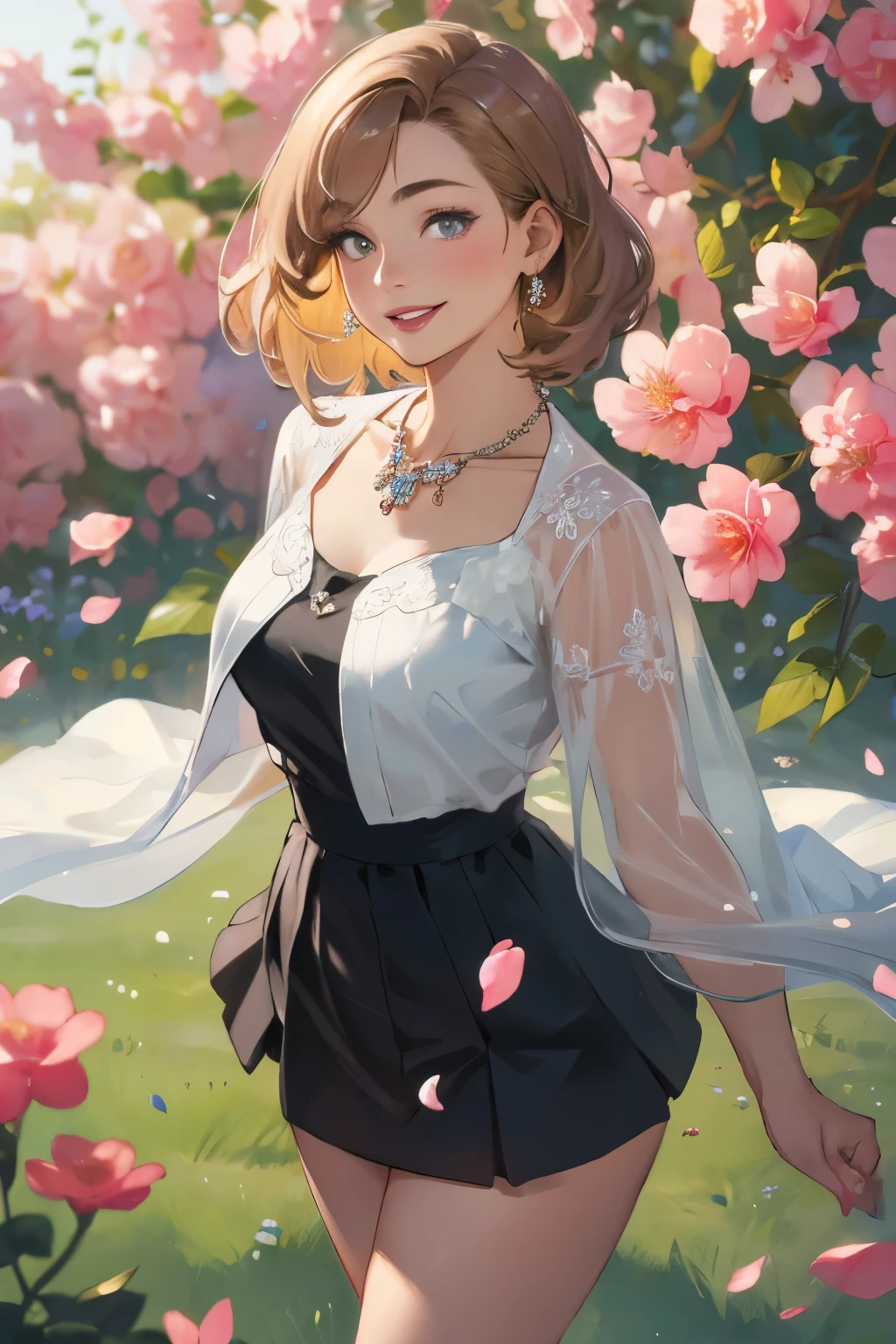 (masterpiece, Best Quality, High image quality, high definition, 8k), 1 girl, A neat and beautiful face, Beautiful eyes, Beautiful nose, Beautiful lips, Beautiful face drawing, Biologically Accurate and Healthy Bodies , Mid-chest, necklace , Light chestnut medium hair, Middle parted hair, A woman in a black dress with a petal pattern, looks at me and smiles , An area made of flower petals, vibrant colors, Garden Background, depth of field , Detailed and Delicate Illustrated Art, transparent miniskirt ,