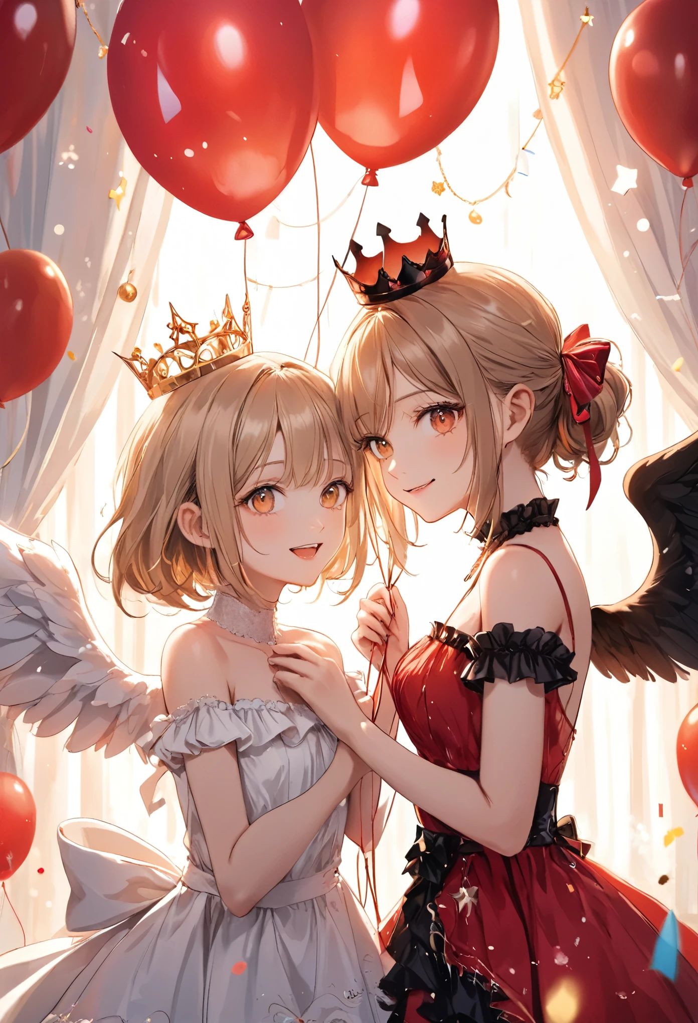 illustration, best quality, 2girls, angel girl with blonde hair and crown, devil girl with brown hair and black wings, playful and affectionate interaction, party hall background, elegant decorations with balloons and streamers, festive lighting, dressed in frilly dresses, warm and cheerful atmosphere, contrast between angelic and devilish themes, joyful and lively vibe