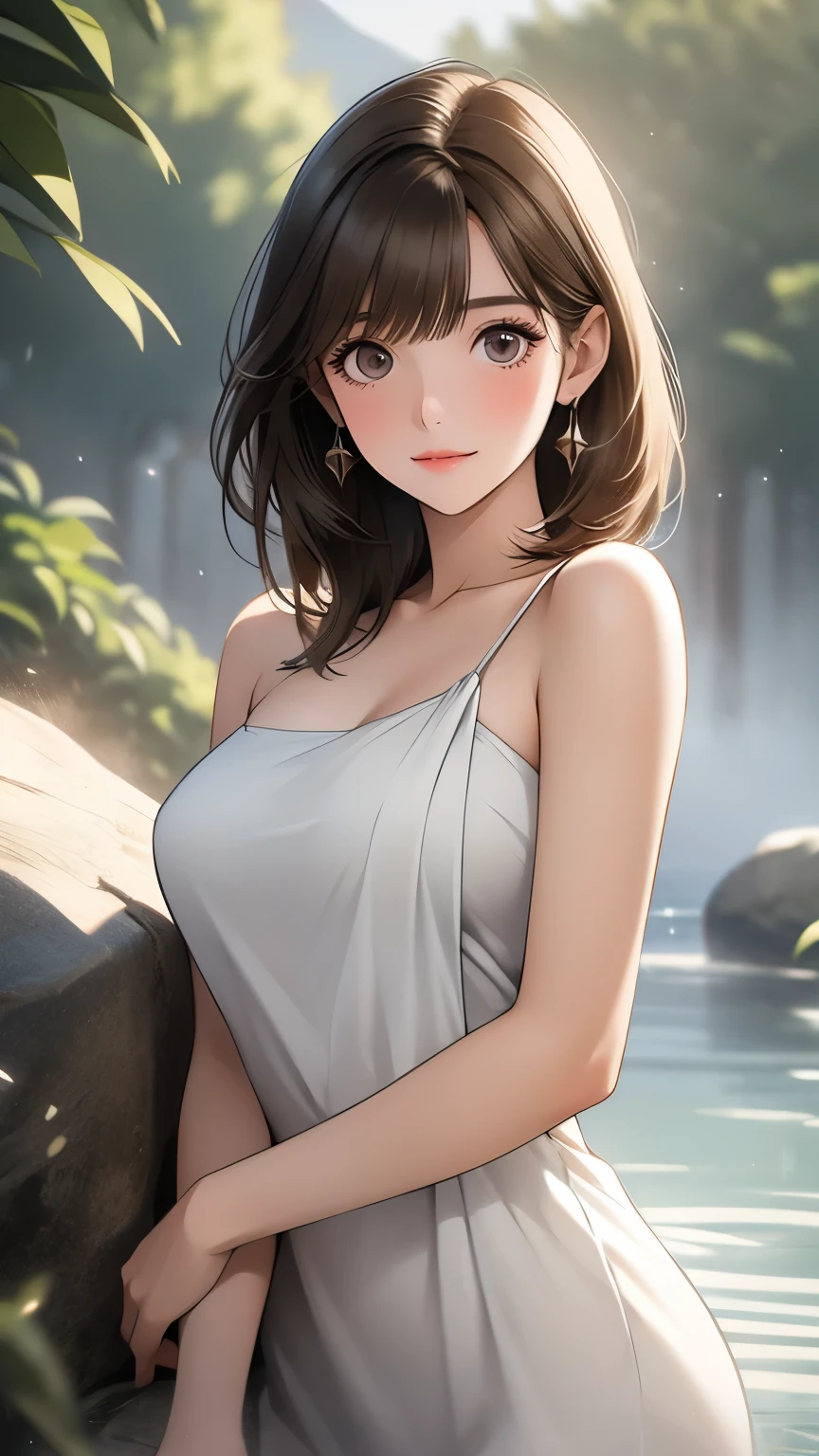  shiny brown hair,  short hair, ( Beautiful Brown Eyes、Sparkling Eyes, fine grain)、smile、Super detailedな目、 high definition face, Detailed eyes、one young woman



8k,  masterpiece,  Super detailed, Natural Light,
 (masterpiece, Best Quality:1.4),  one girl playing pranks,   Browse viewers, 

(forward),  Rock Bath , Naked Towel, Thick Fog, vapor,
{ upper body| cowboy shot},