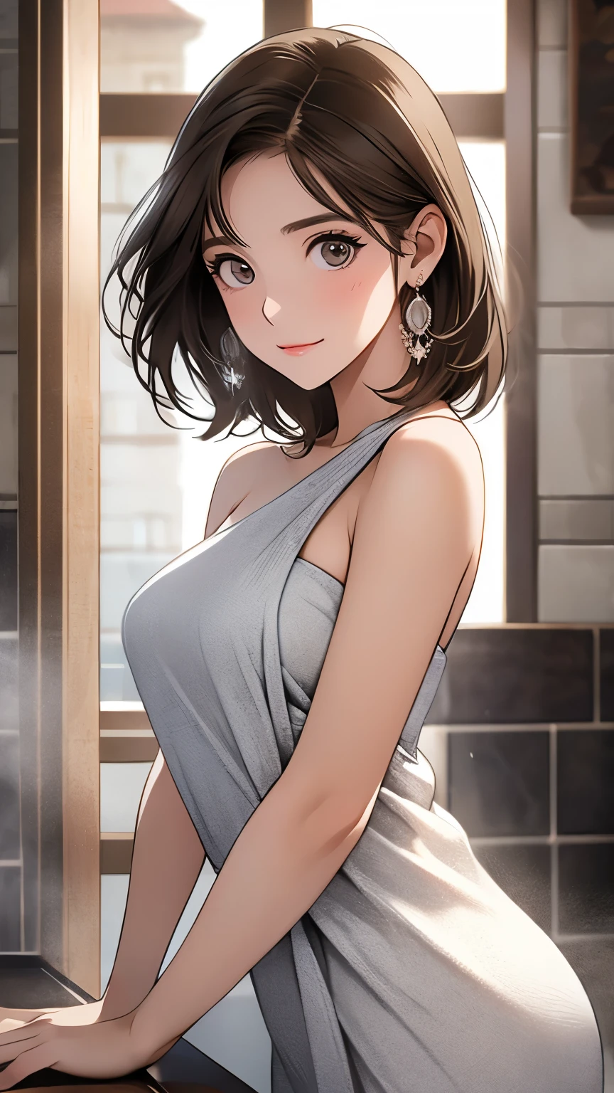  shiny brown hair,  short hair, ( Beautiful Brown Eyes、Sparkling Eyes, fine grain)、smile、Super detailedな目、 high definition face, Detailed eyes、one young woman



8k,  masterpiece,  Super detailed, Natural Light,
 (masterpiece, Best Quality:1.4),  one girl playing pranks,   Browse viewers, 

(forward),  Rock Bath , Naked Towel, Thick Fog, vapor,
{ upper body| cowboy shot},