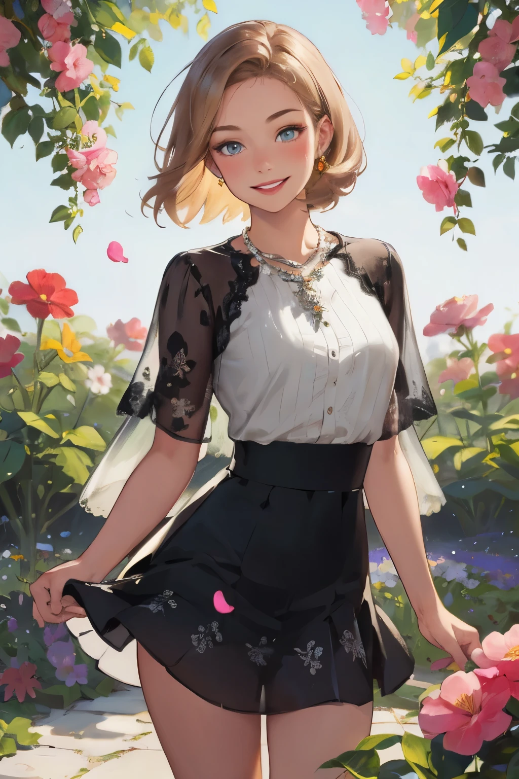 (masterpiece, Best Quality, High image quality, high definition, 8k), 1 girl, A neat and beautiful face, Beautiful eyes, Beautiful nose, Beautiful lips, Beautiful face drawing, Biologically Accurate and Healthy Bodies , Mid-chest, necklace , Light chestnut medium hair, Middle parted hair, A woman in a black dress with a petal pattern, looks at me and smiles , An area made of flower petals, vibrant colors, Garden Background, depth of field , Detailed and Delicate Illustrated Art, transparent miniskirt ,