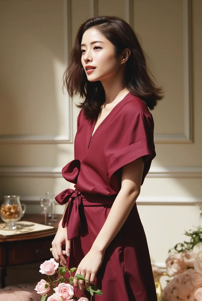  adult woman on the house,  burgundy dress , Holding a bouquet of pale pink roses,  Classic Interior , Luxurious lighting,  refined atmosphere ,  Calm Look 