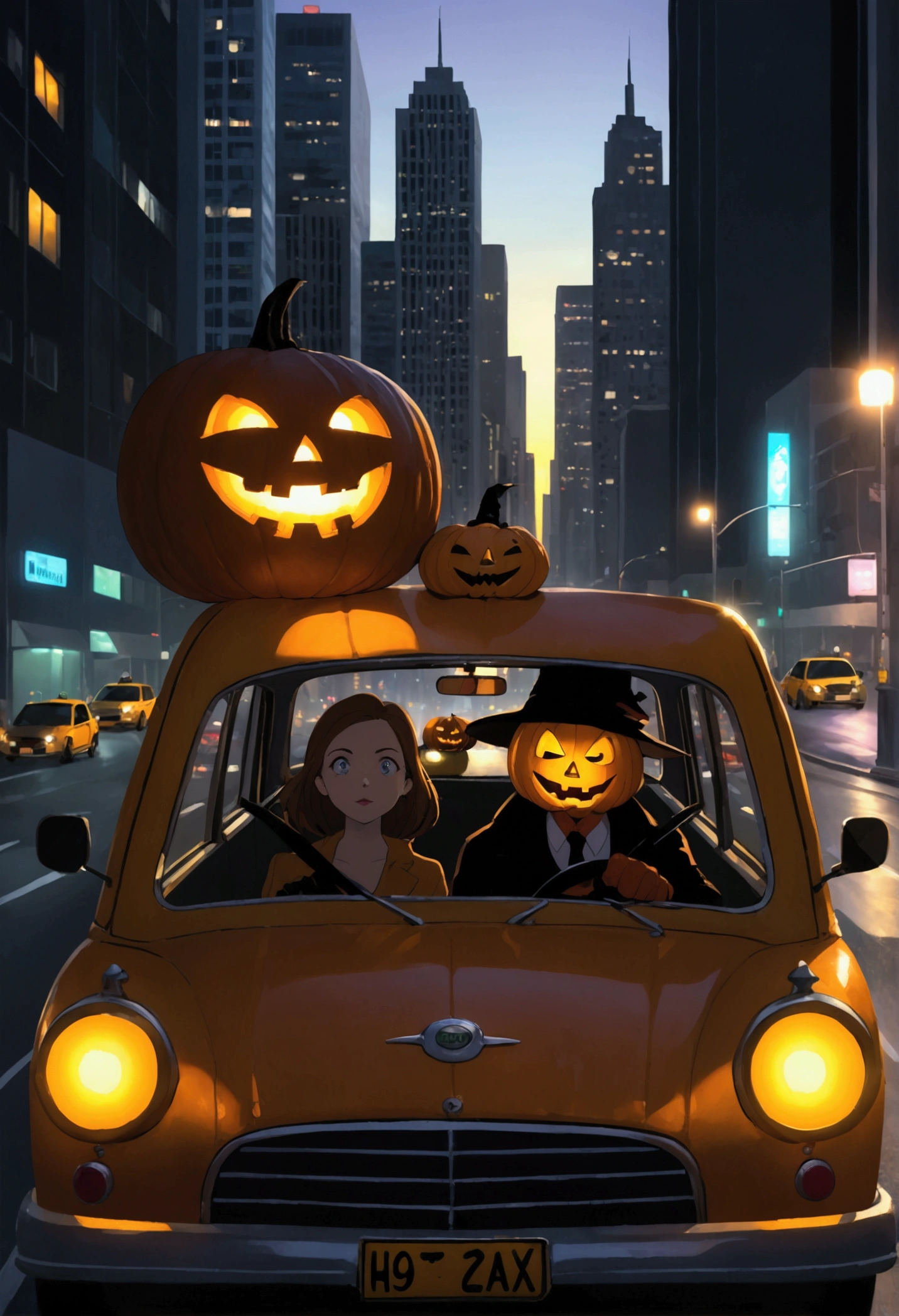 beaver driving a taxi with a Halloween pumpkin instead of a head, turned to the passenger. camera from the passenger's point of view. time of day night, taxi over the glowing lights of a city with skyscrapers. scene from a movie, cinematography