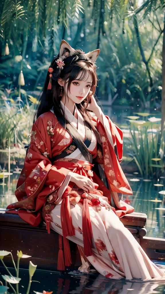 absurdres,  high resolution,  Super detailed , ( 1 girl:1.3), Hand drawn, Simple line ,  **************** wearing colorful Chinese Hanfu,  sexy fox-eared girl ,  beside the lotus pond , masterpiece,  sitting in water ,  floating clothes ,   Floating Hair  