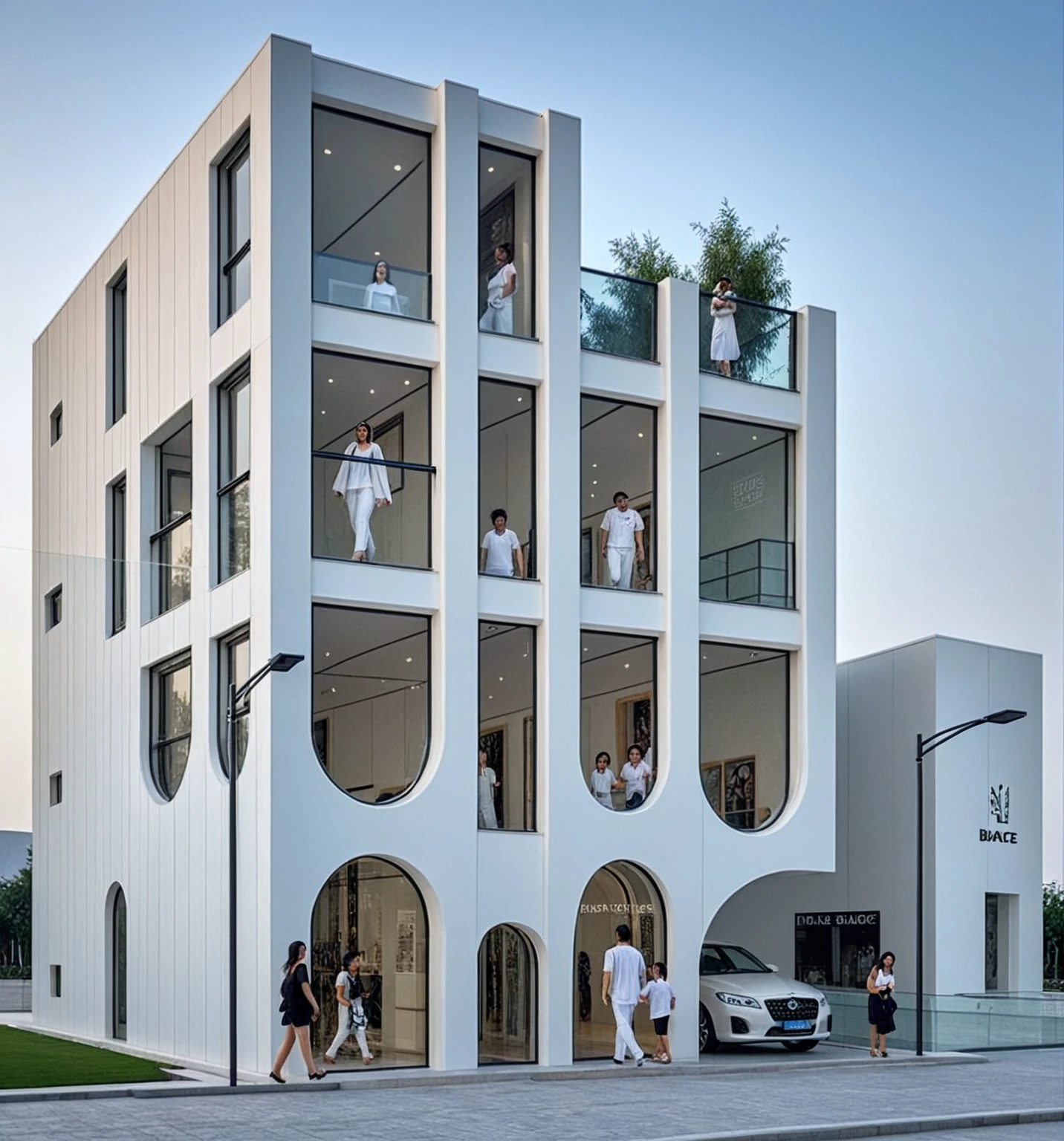 This image shows a contemporary building with a unique, angular design. The structure features a series of tall, white, folded vertical panels that create a rhythmic, symmetrical pattern across the facade. These panels converge towards the top and slightly outward at the base, giving the building a sculptural appearance. In the center is a tall glass entrance, which contrasts with the opaque white facade and allows views into the interior, where warm lighting is visible. The building signage is displayed in modern fonts on the facade, adding a stylish touch. The surroundings include people walking around, suggesting a public or commercial space. The overall style is minimalist and futuristic.