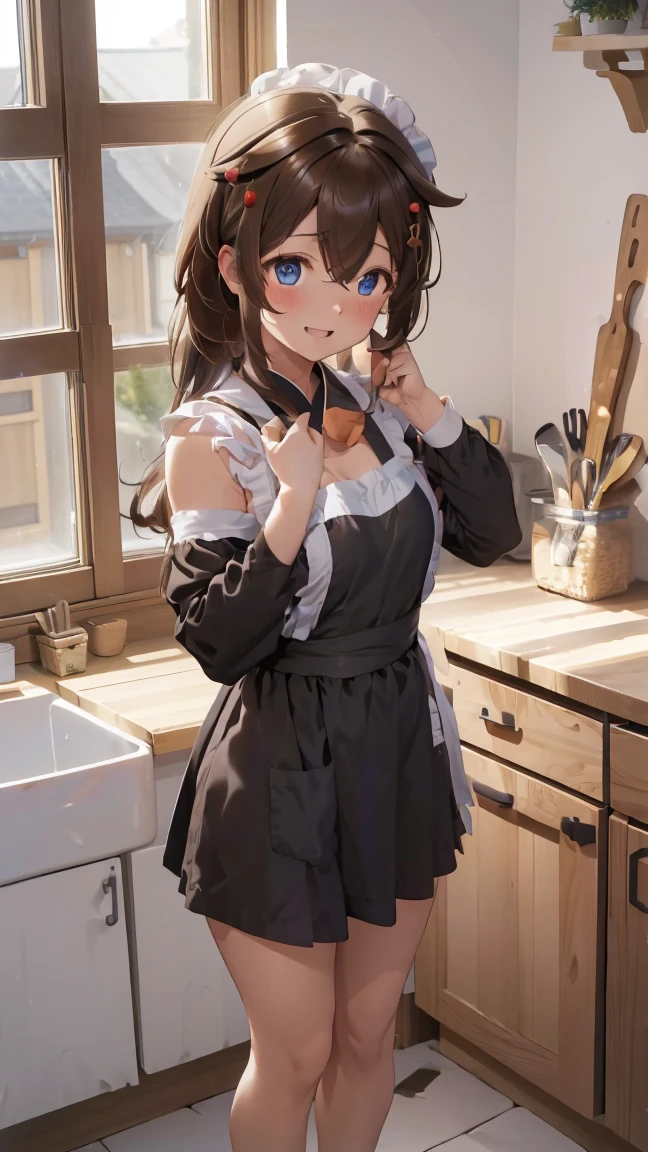 masterpiece, Best Quality,  high definition,  very detailed,(((Shigure))), (((Ahoge))), (((Brown Hair))), ((( blue eyes ))), ((( Had))), (((Hair accessories))), (((Hair over shoulders))), (((Long Hair))), (((一本 Had))), (((Hair clip))), ((( naked apron))), (((Frills))), (((barefoot))), ((( waist apron ))), ((( stands in the distance))), (((Positive。))), (((indoor))), (((blue sky))), ((( is laughing。))), (((window))), (((Flooring))), (((kitchen)))