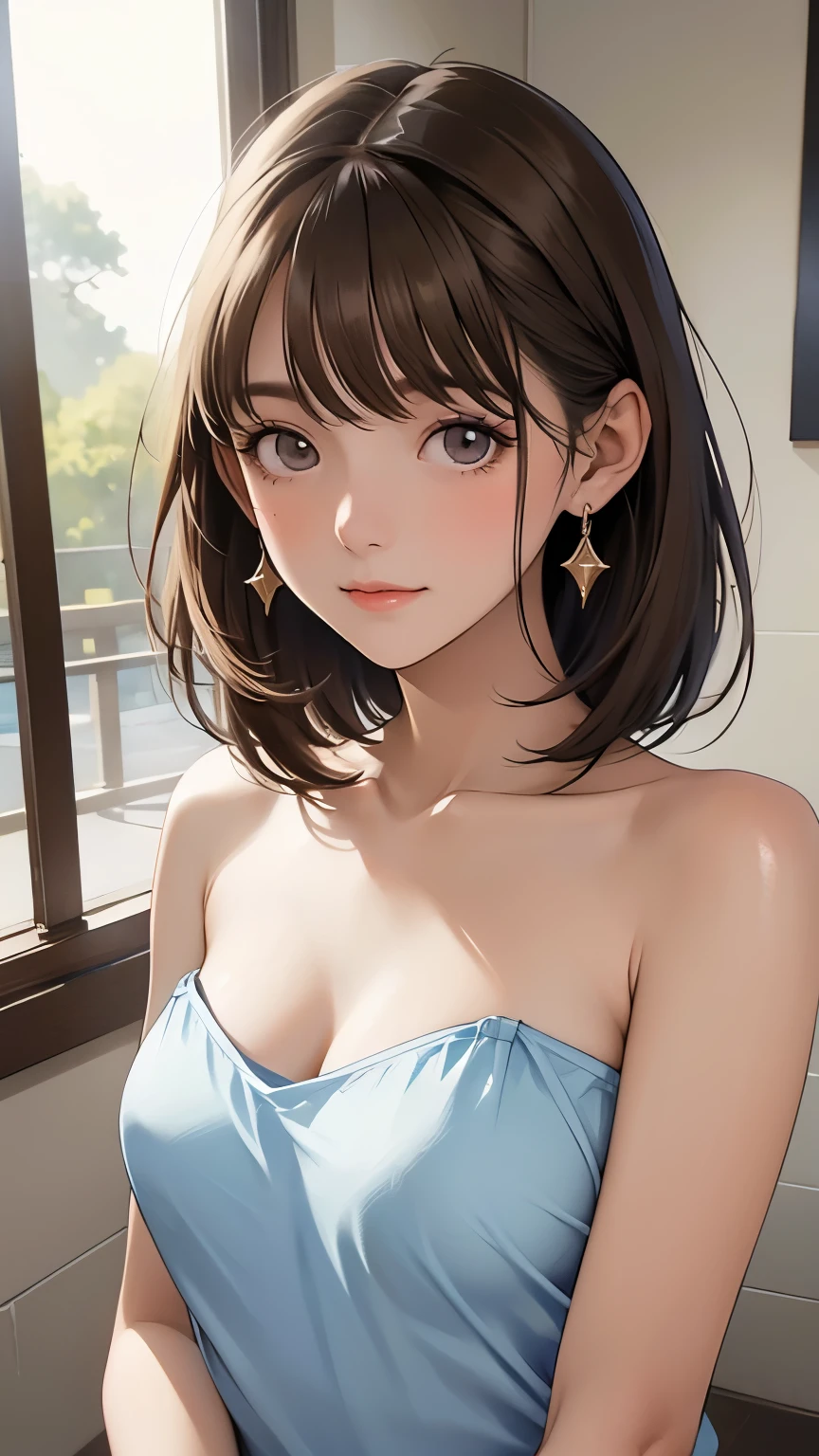  shiny brown hair,  short hair, ( Beautiful Brown Eyes、Sparkling Eyes, fine grain)、smile、Super detailedな目、 high definition face, Detailed eyes、 one young woman、small breasts
8k,  masterpiece,  Super detailed, Natural Light, (masterpiece, Best Quality:1.4),  one girl playing pranks,   Browse viewers, (forward),  Rock Bath , Naked Towel, Thick Fog, vapor,
{ upper body| cowboy shot}, cleavage